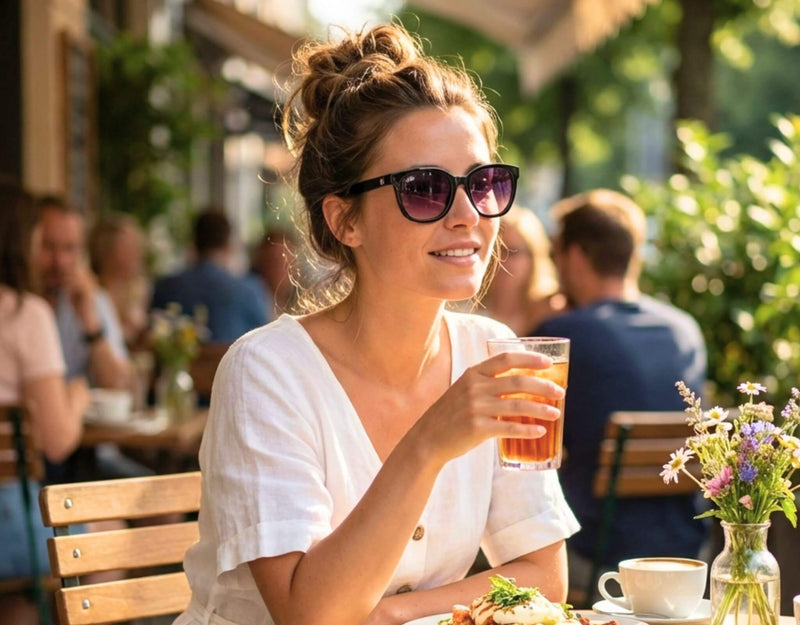 Sunglasses for little faces Pebble Beach in black frame with lavender lenses worn by a woman with a petite face and small head enjoying a drink at a sunny outdoor café with ello sunglasses