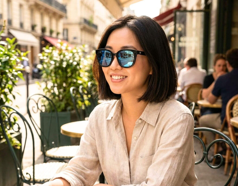 Sunglasses for little faces Pebble Beach in black frame with blue lenses worn by a woman with a petite face and small head sitting at a sunny outdoor café with ello sunglasses