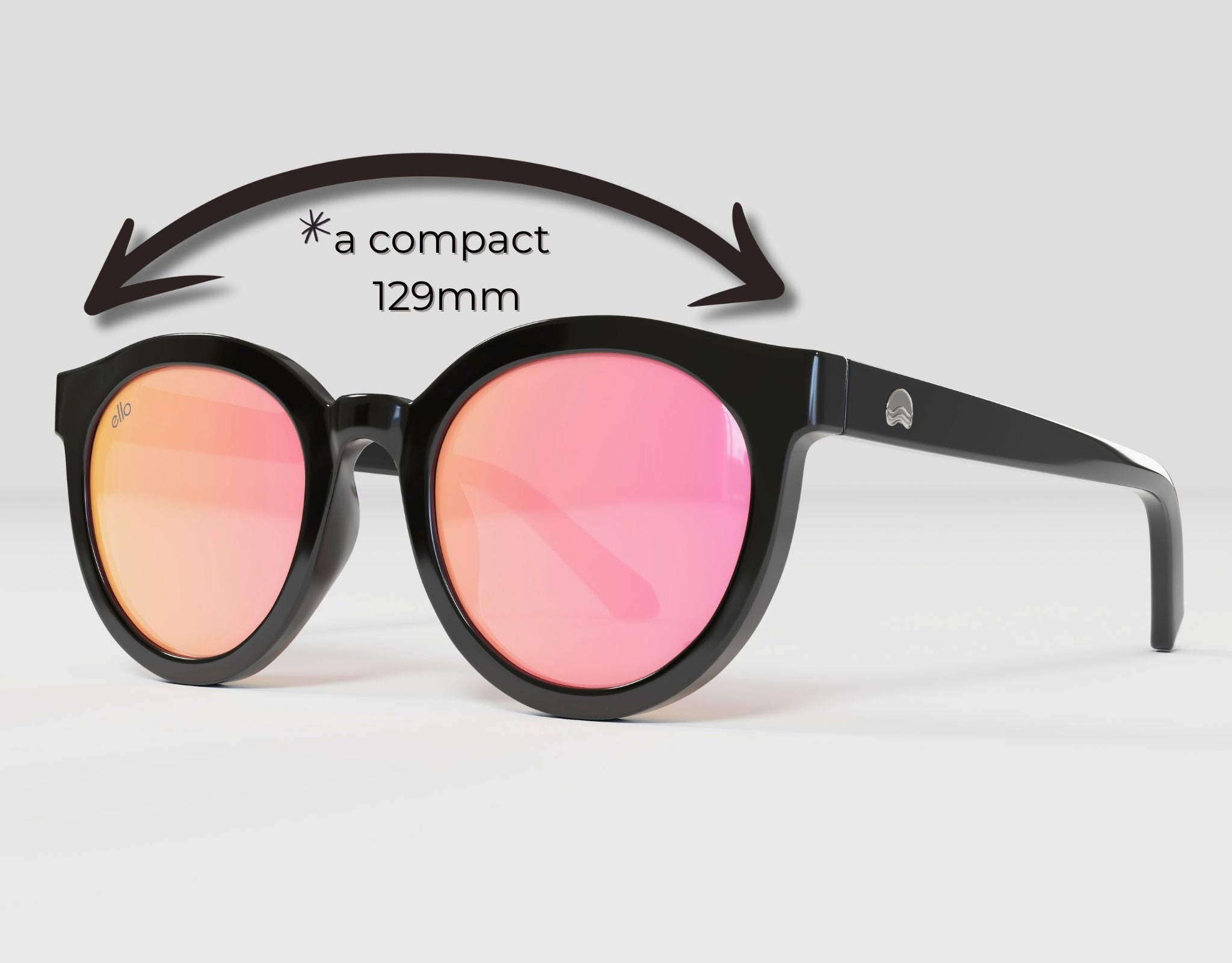 Bar Harbor black small sunglasses with pink lenses – 129mm arrow sizing reference for small faces