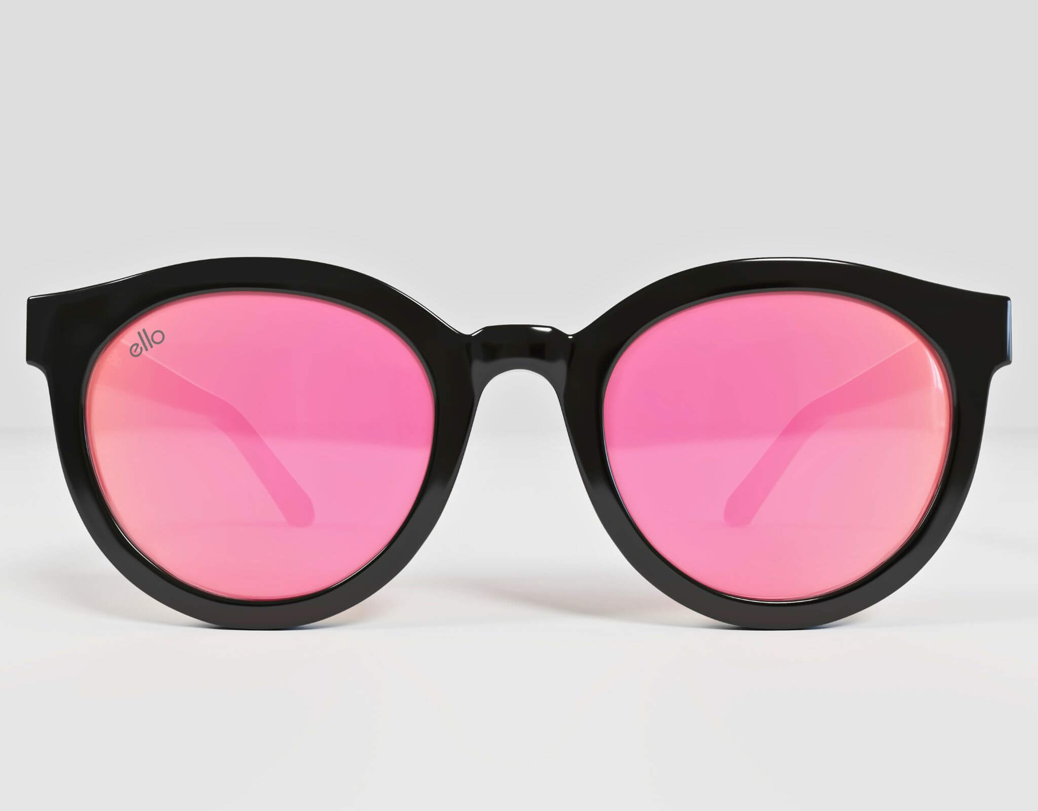 Front view of Bar Harbor sunglasses in black frame with pink lenses, made for small faces.