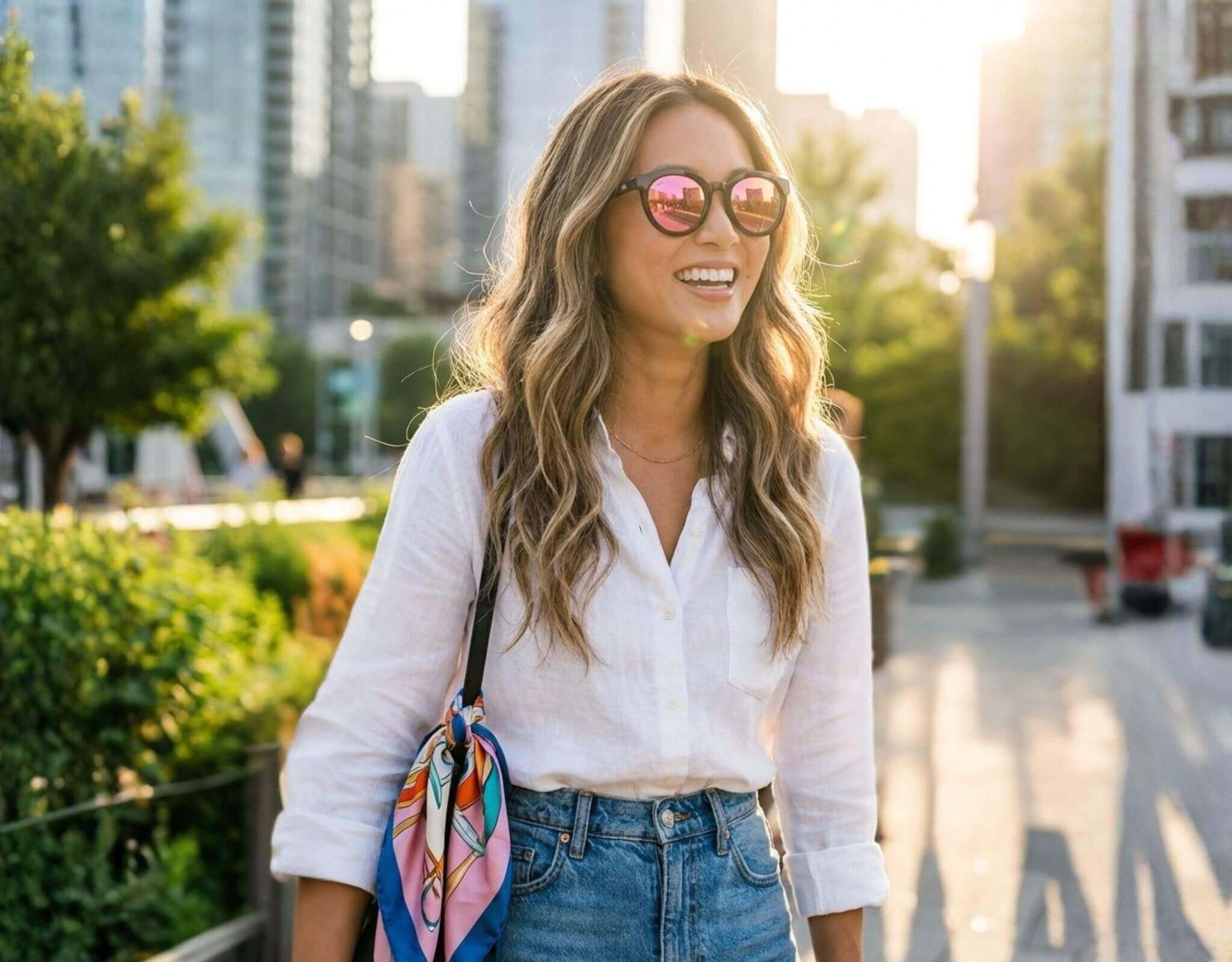 Small sunglasses for small faces worn by woman in Bar Harbor black frame with pink lenses walking through city, perfect for petite features and small head by ello sunglasses