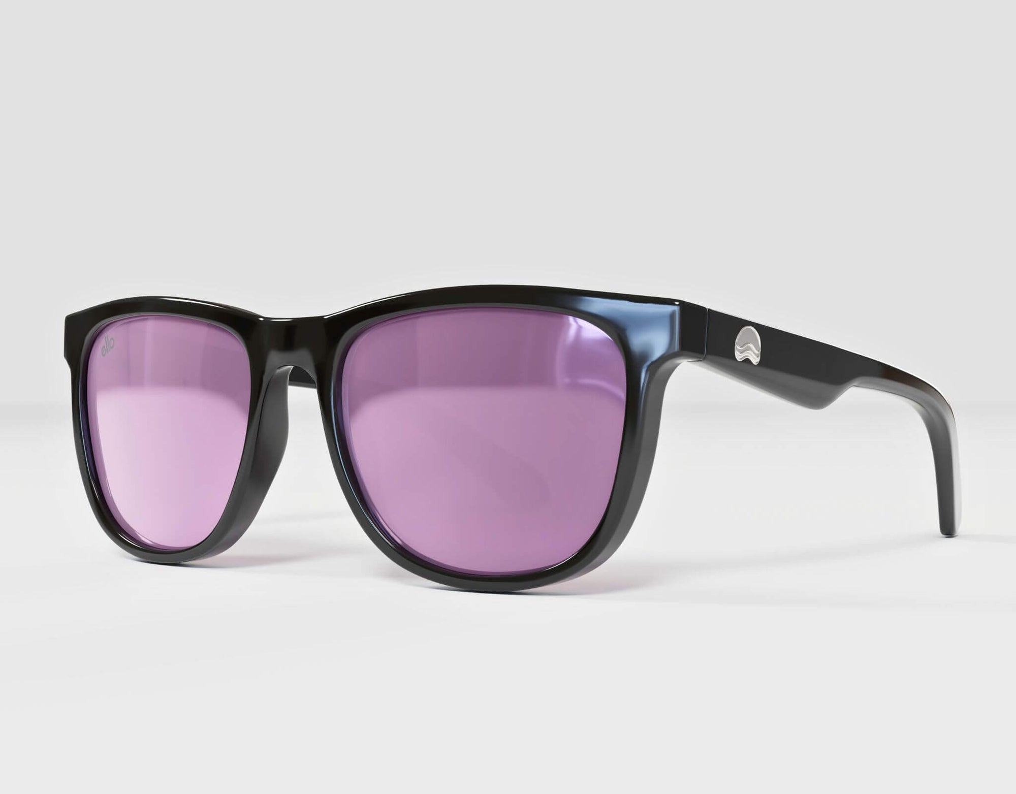 Left view of Outer Banks sunglasses in sleek black with mirrored purple lenses, made for smaller faces.