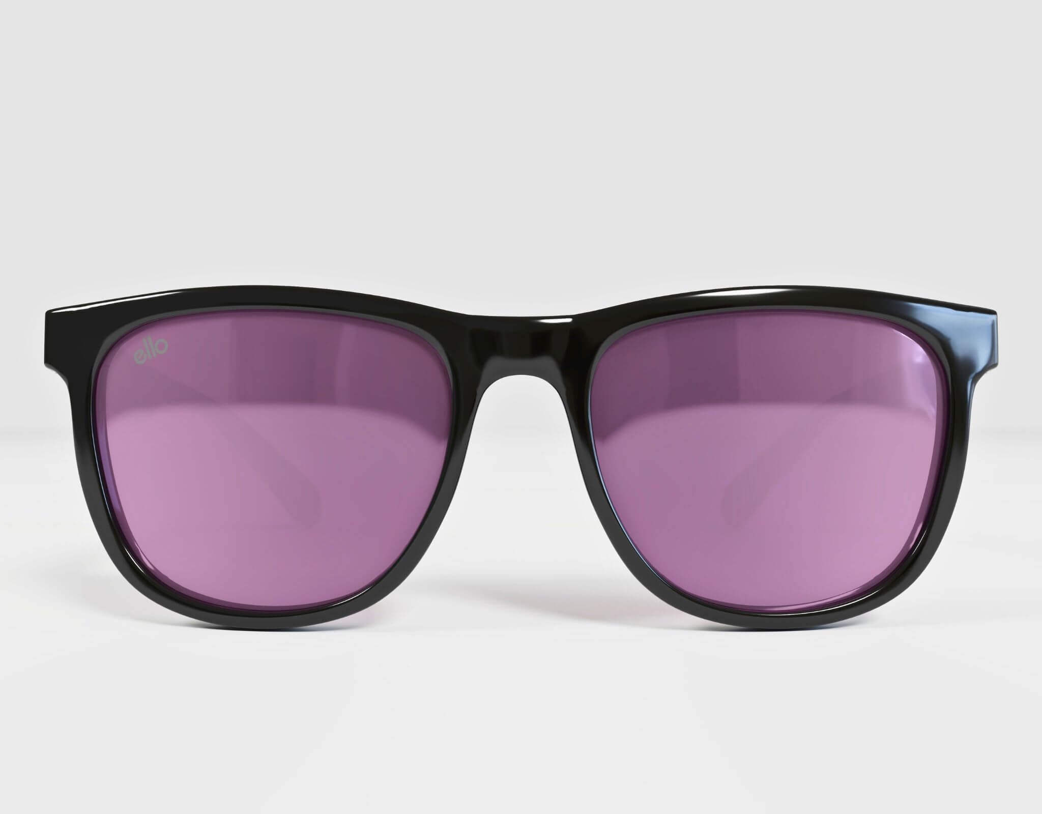 Front-facing view of Outer Banks sporty sunglasses in black with purple lenses for petite wearers.