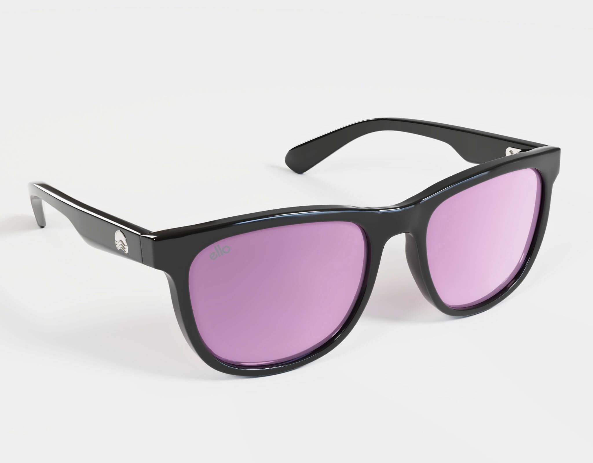 High angle of Outer Banks small face sunglasses in black and purple, styled for performance and fit.