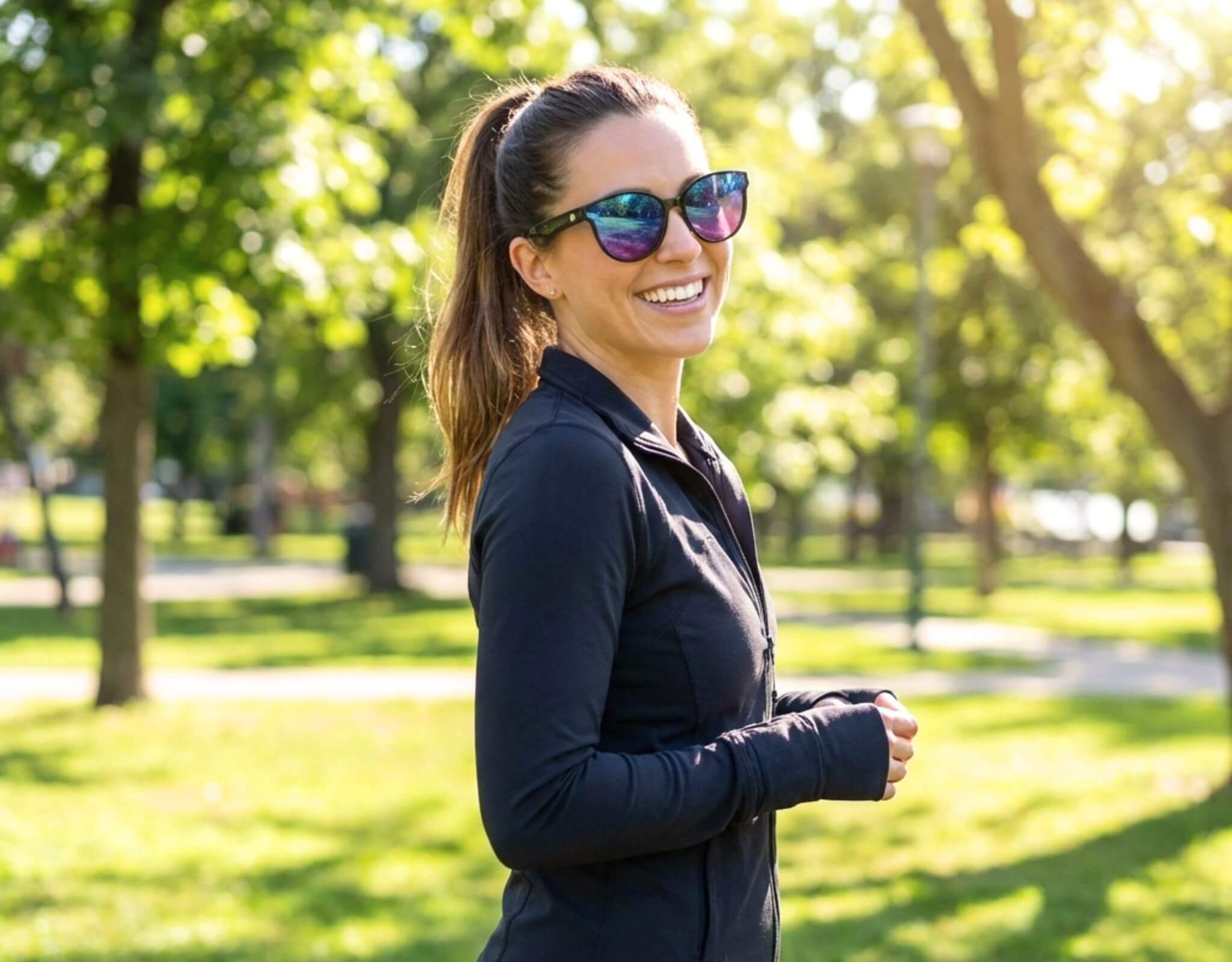 Petite woman with a small head wearing black and purple South Beach shades for little faces while running outdoors in a bright sunny park setting