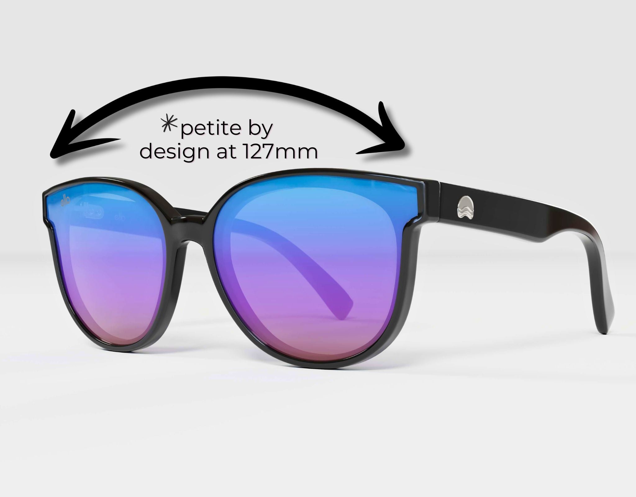South Beach black frame with purple lenses – sizing image highlighting petite 127mm frame