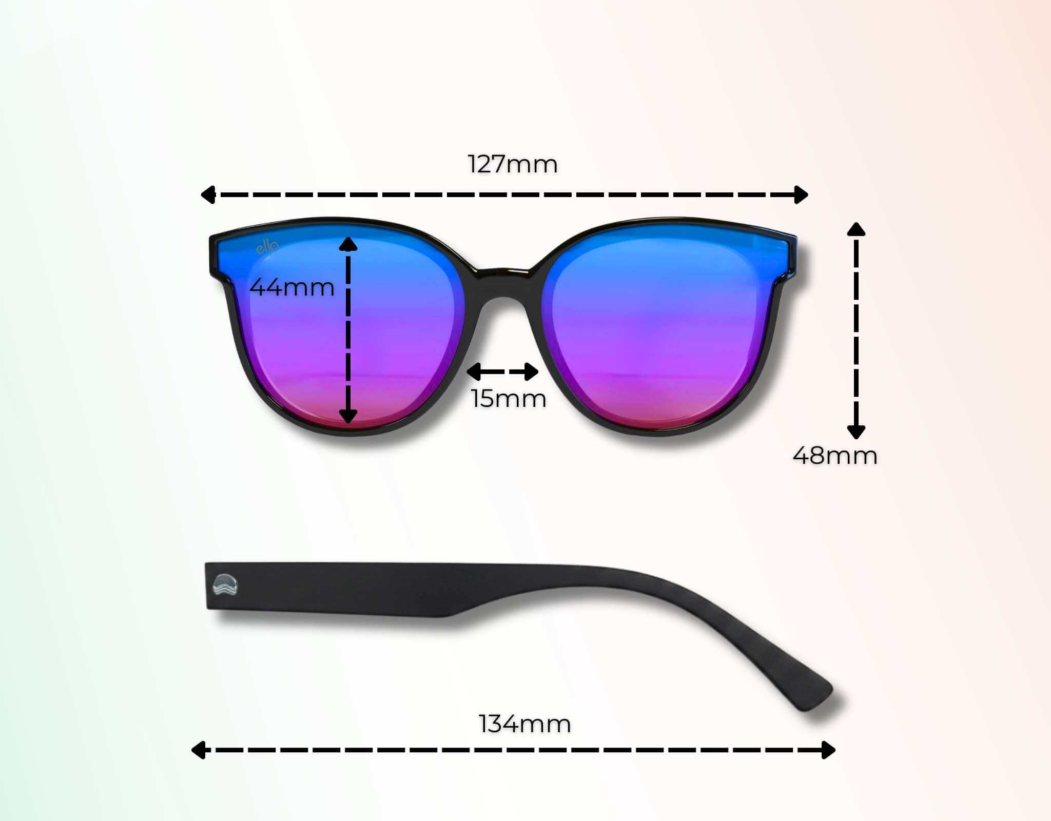 South Beach shades for small faces size guide showing frame width, lens width, lens height, bridge width, and temple length.