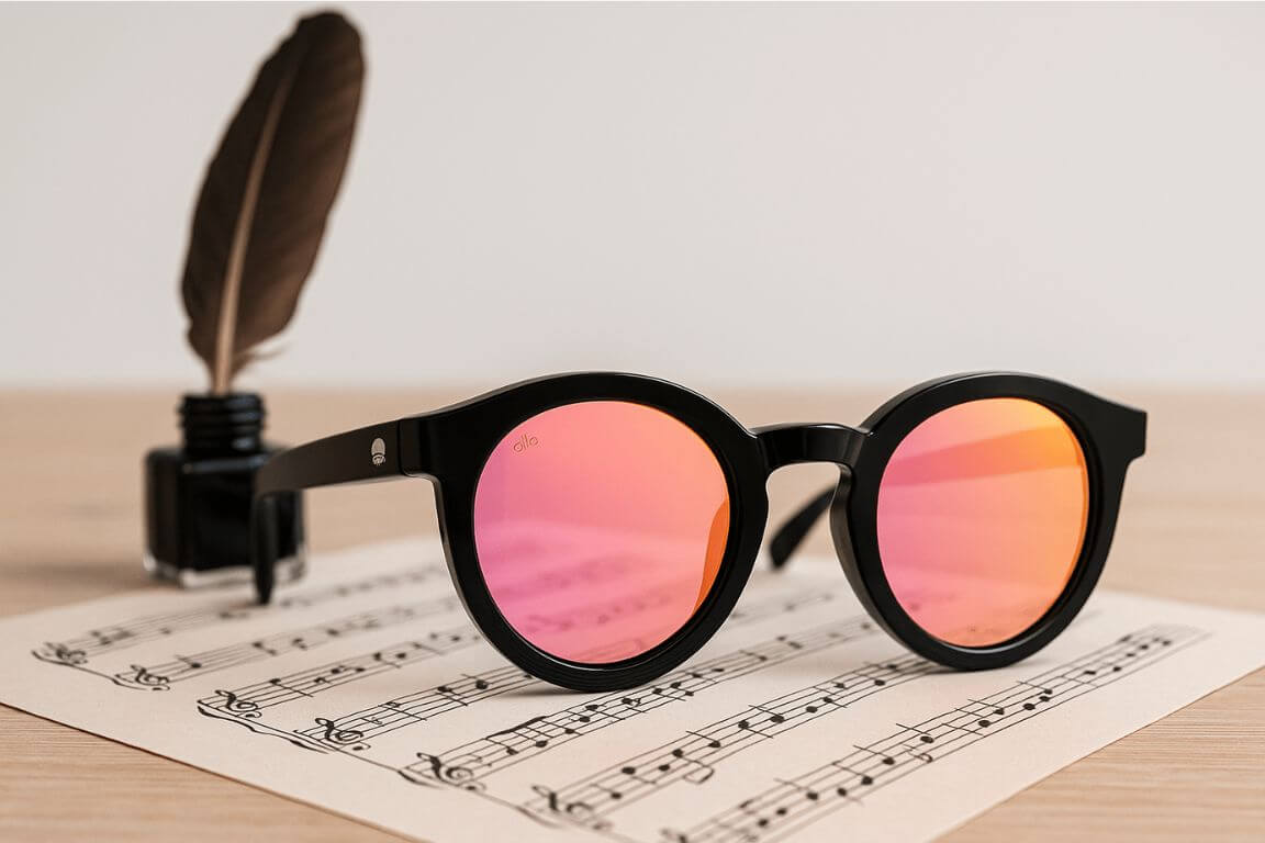 Black round petite sunglasses with mirrored lenses resting on sheet music – designed for small faces, from ello sunglasses.