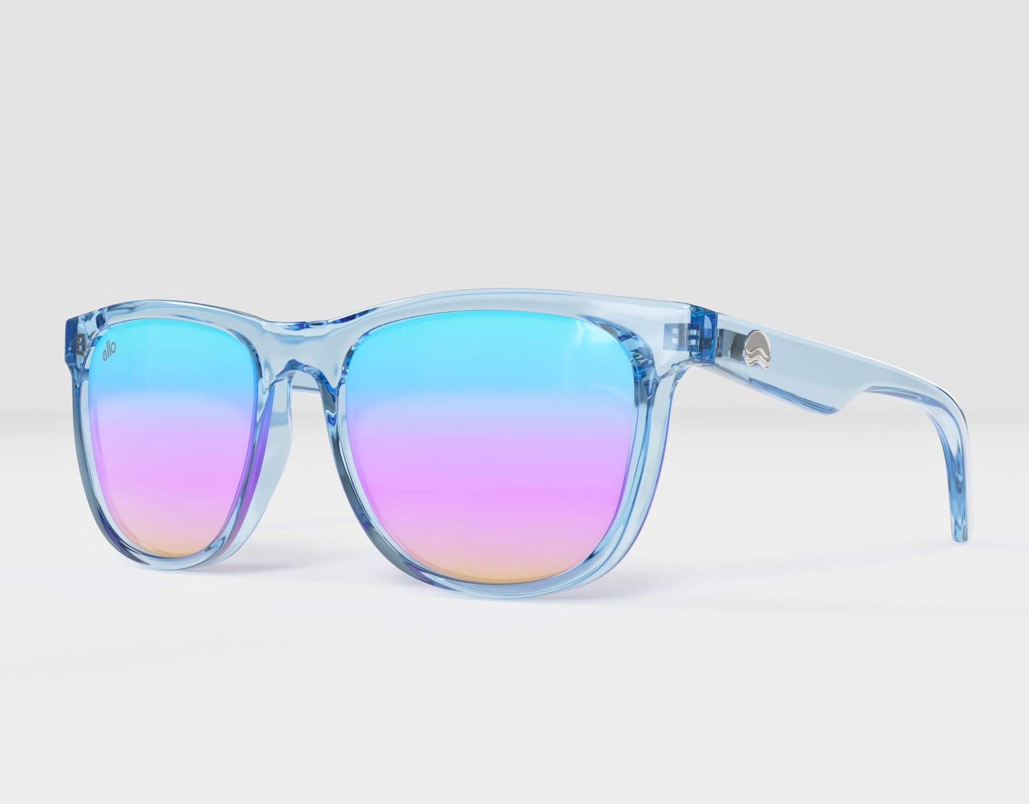 Left side view of Outer Banks sporty sunglasses in blue with bold rainbow lenses, built for small faces.
