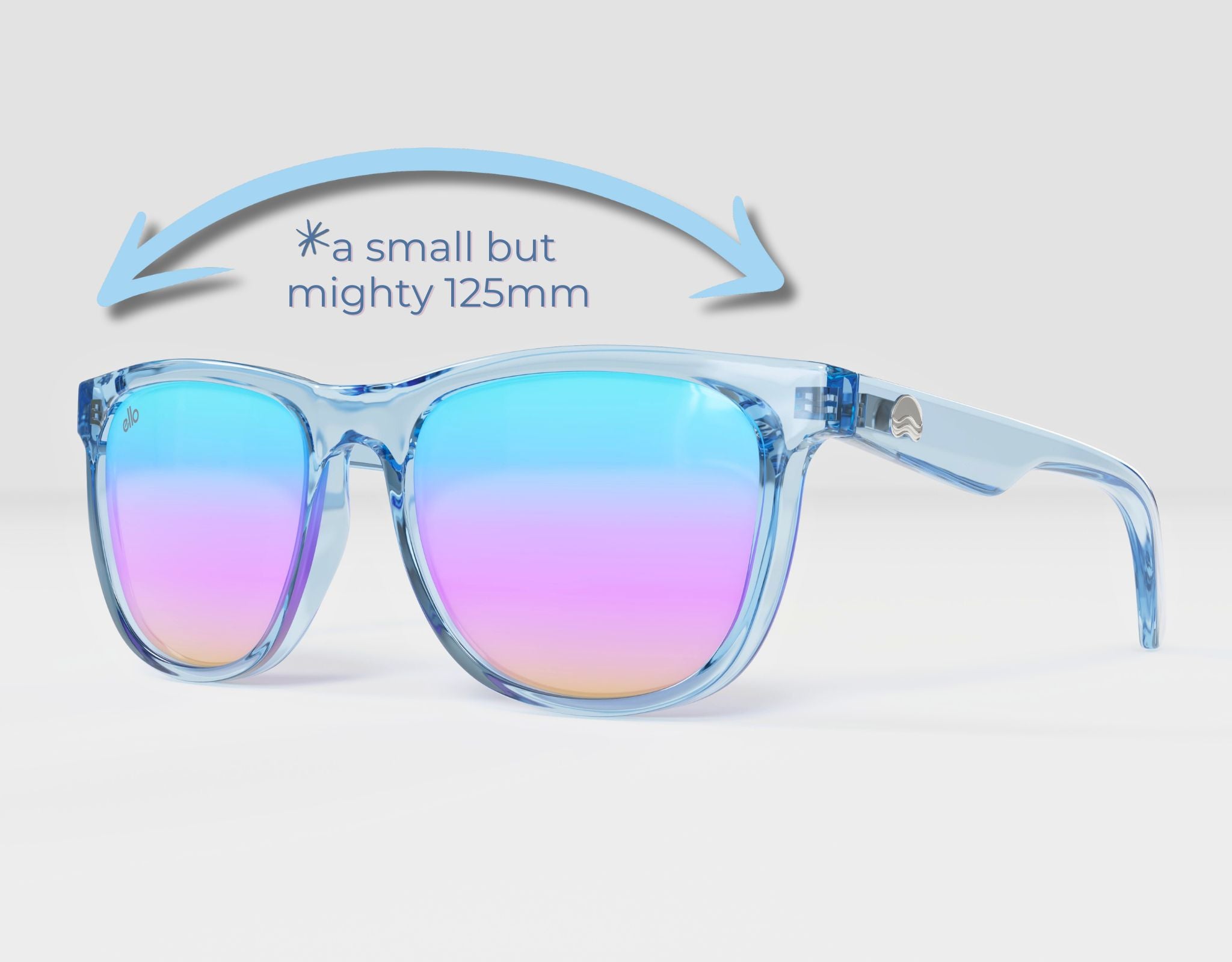 Outer Banks in blue frame with rainbow lenses – arrow graphic showing a small but mighty 125mm width