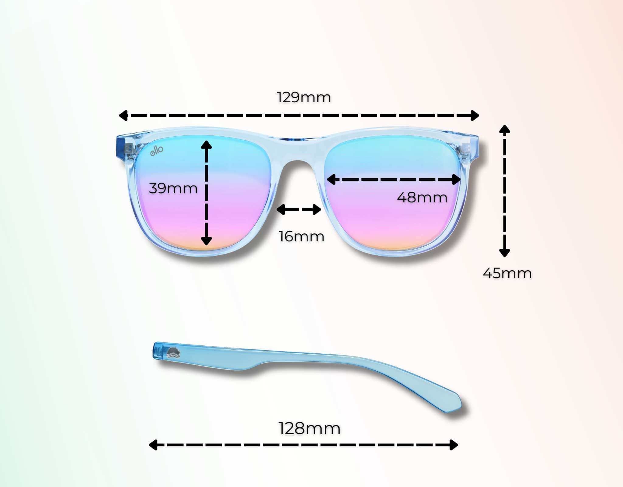 Outer Banks sunglasses for small faces size guide showing frame width, lens width, lens height, bridge width, and temple length.
