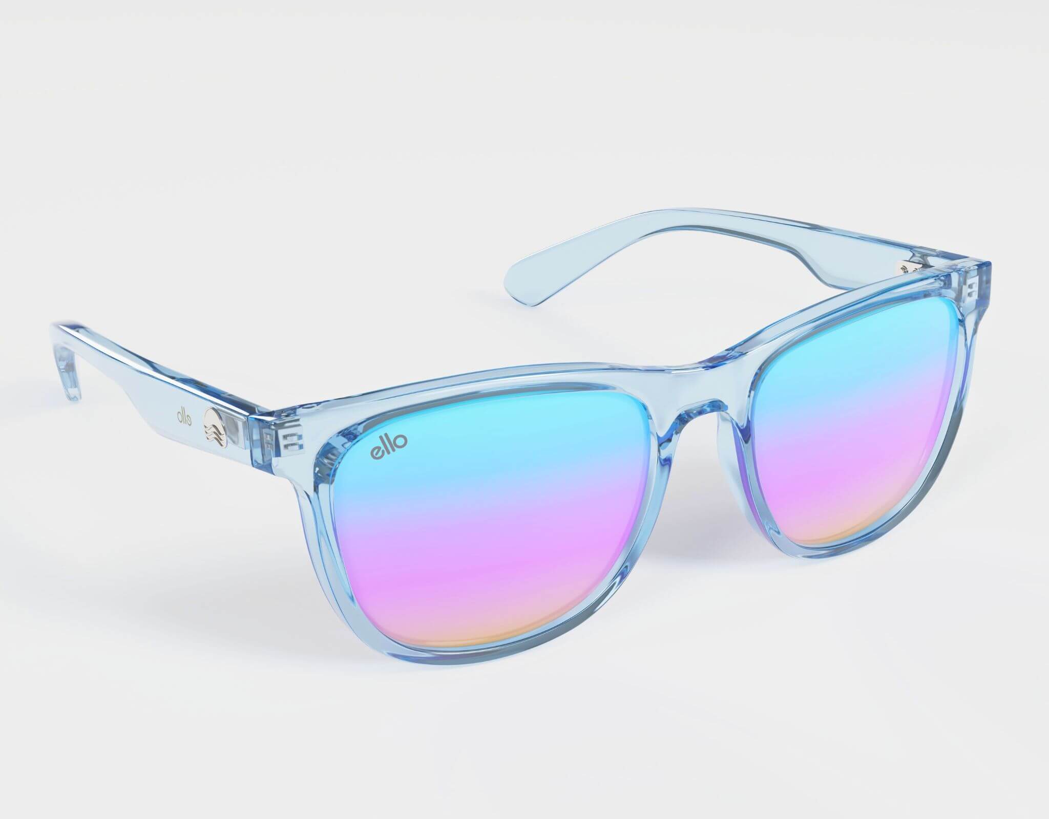 High angle of ello’s Outer Banks sunglasses in blue with vibrant rainbow lenses for small face shapes.