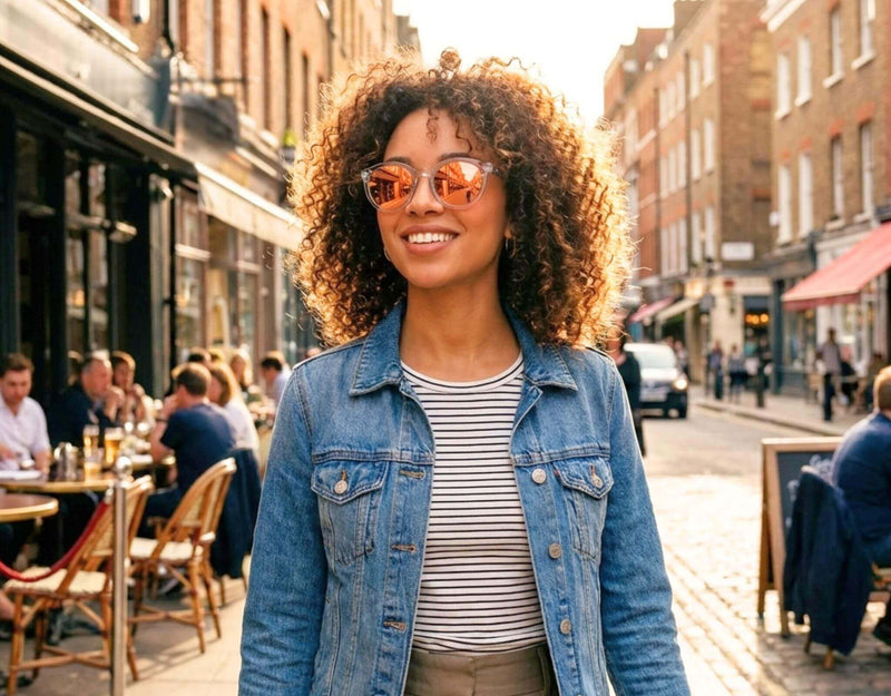 Woman wearing Bar Harbor small sunglasses for small faces with clear frame and peach lenses walking on city street, styled for petite face and small head by ello