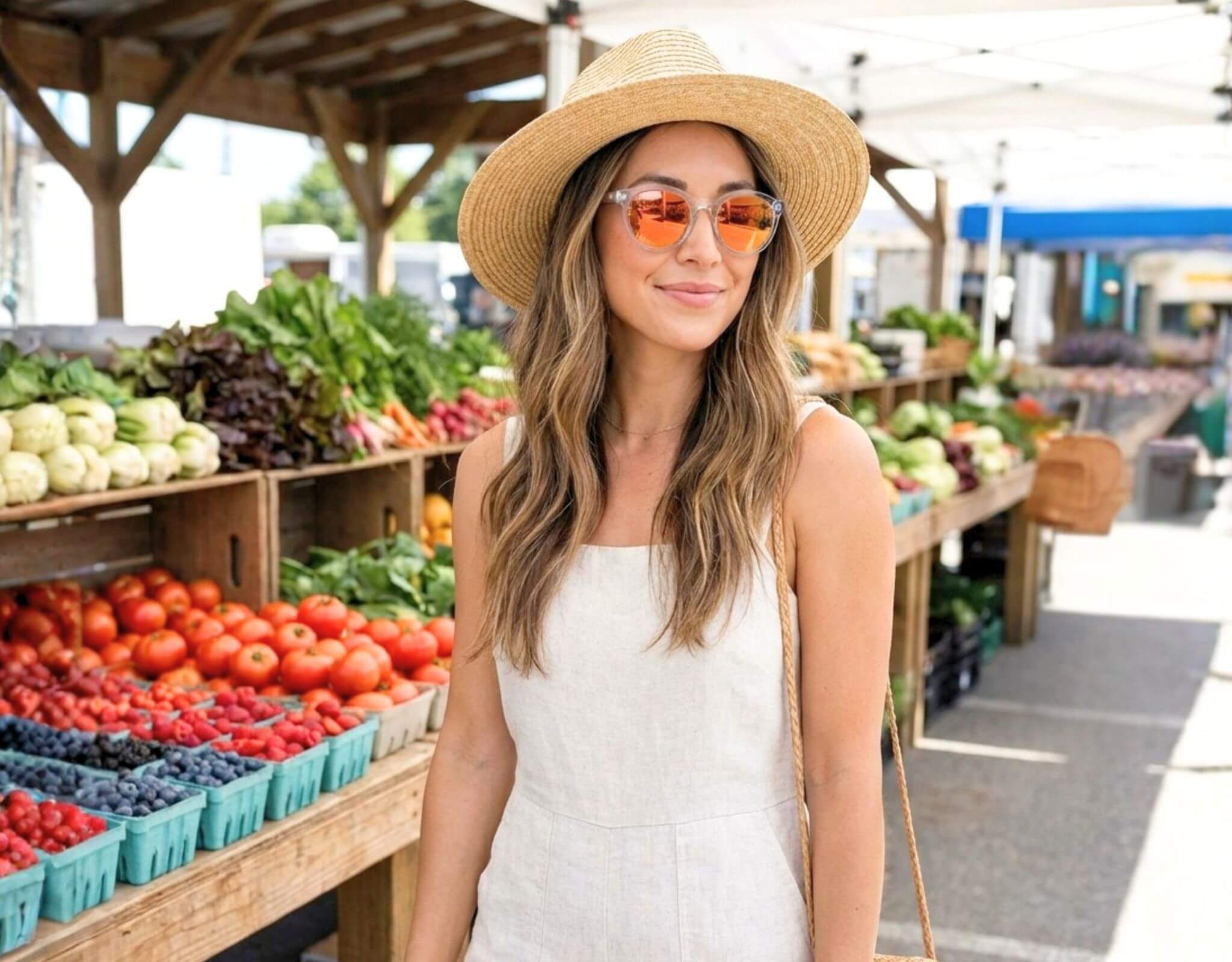 Small sunglasses for small faces worn by woman in Bar Harbor clear frame with peach lenses at outdoor market, styled for petite features and small head by ello sunglasses