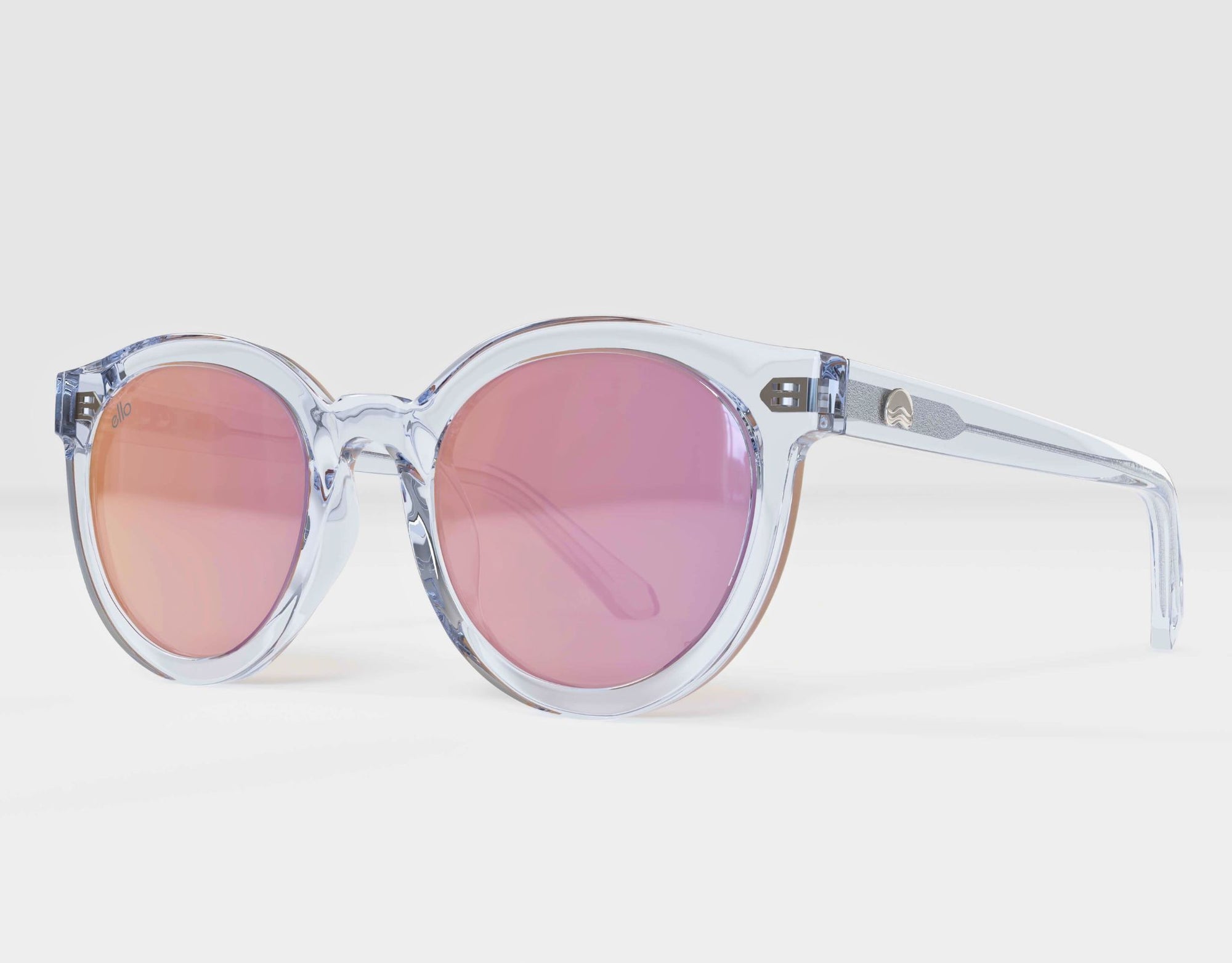 Left side view of Bar Harbor clear frame small sunglasses with purple lenses, designed for small faces.