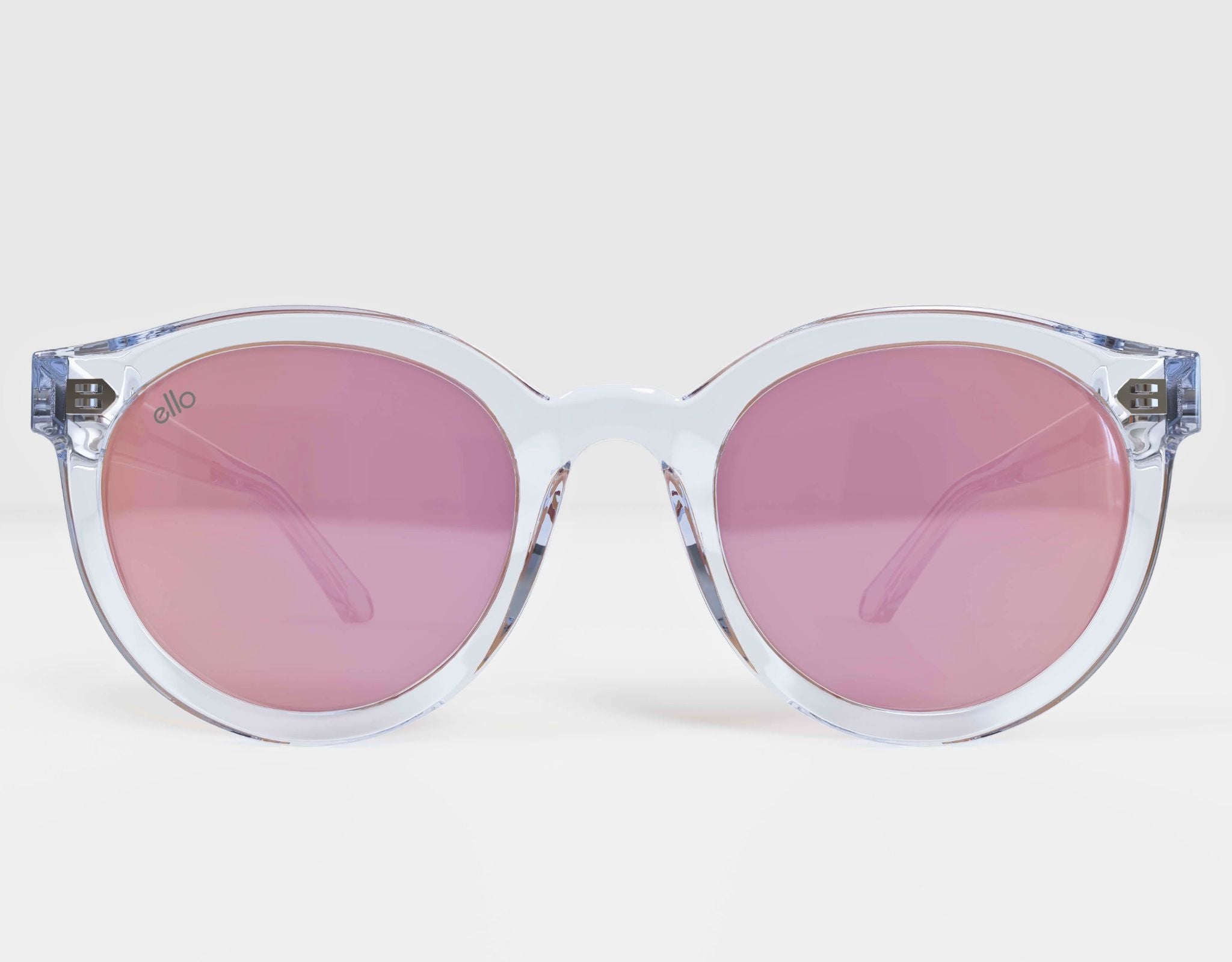 Front view of Ello Bar Harbor small sunglasses in clear with purple-tinted lenses.