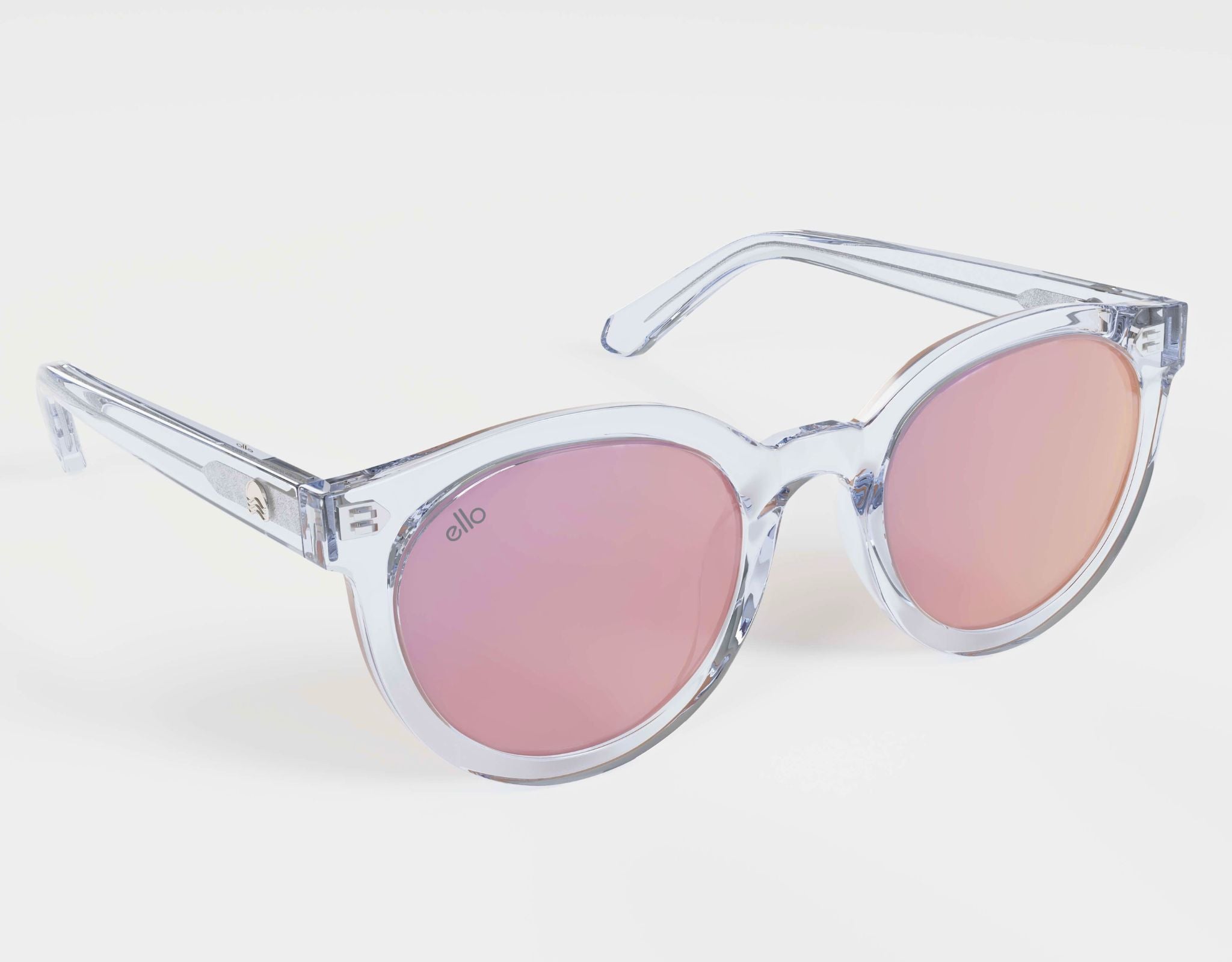 High view of Bar Harbor sunglasses in clear frame and purple lenses for small face shapes.