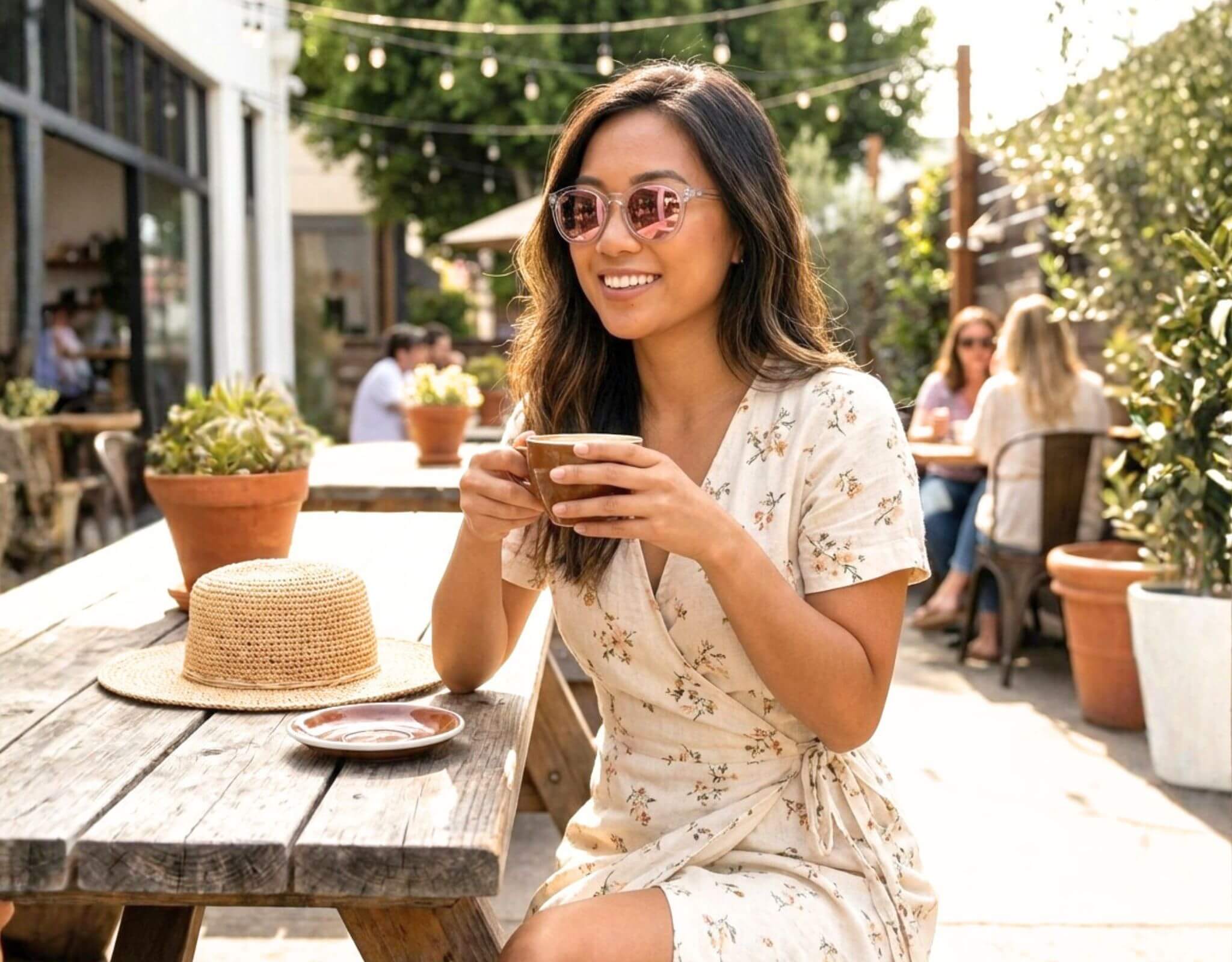 Small sunglasses for small faces worn by woman in Bar Harbor clear frame with purple lenses at outdoor cafe, ideal for petite features and small head by ello sunglasses