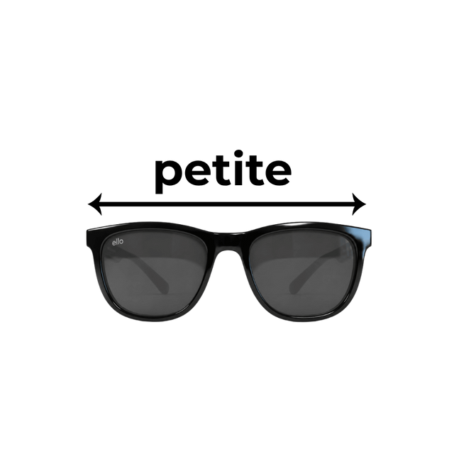 Black ello petite-fit sunglasses designed for smaller faces and narrower heads, with frame widths ranging from 127mm to 135mm.