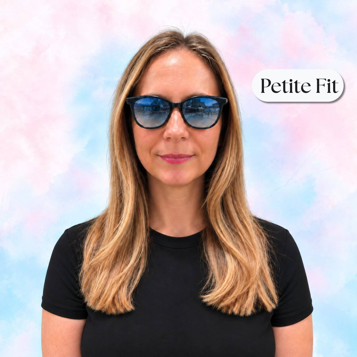 Woman wearing blue gradient ello sunglasses for petite faces, demonstrating a comfortable, proportionate fit.