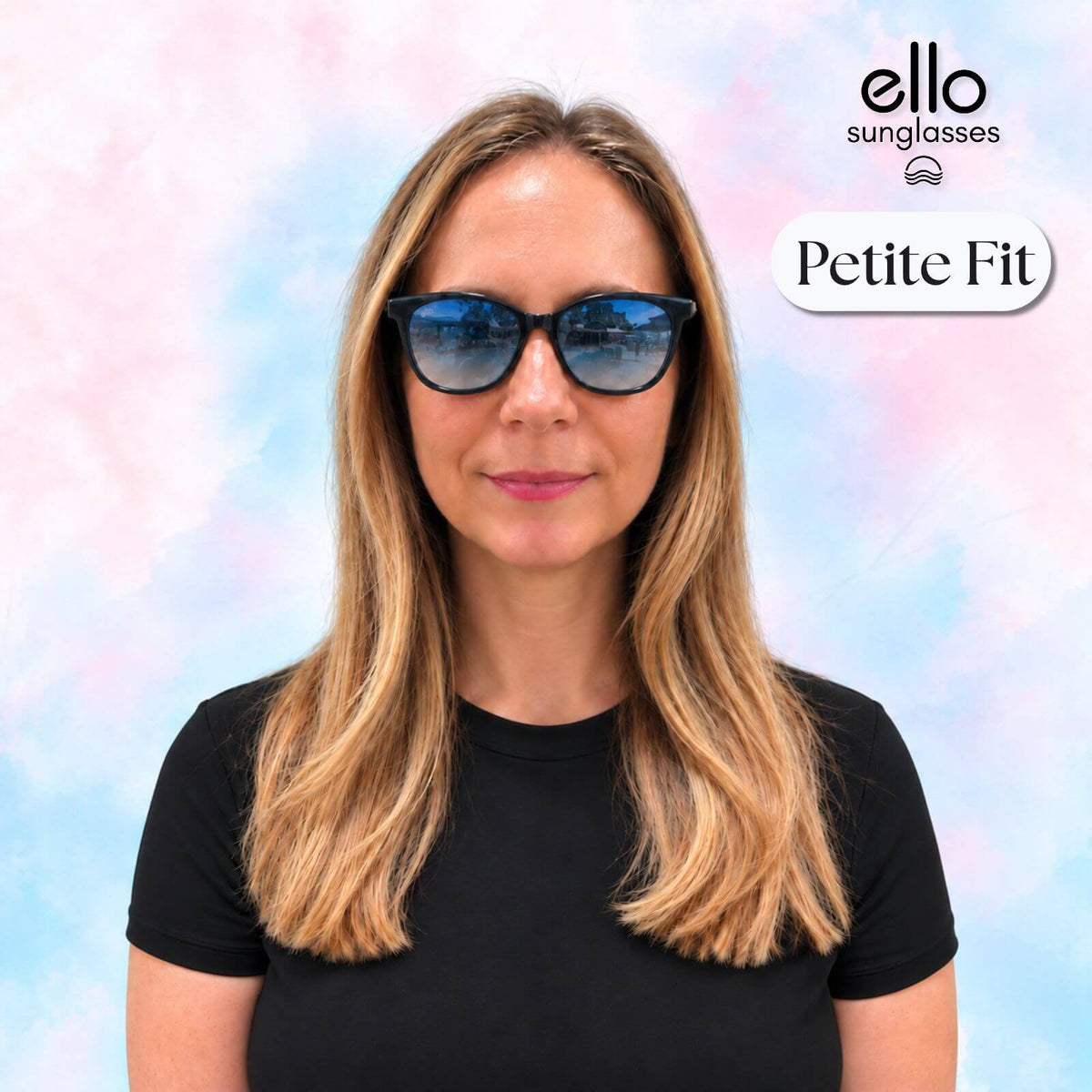 Woman wearing blue gradient ello sunglasses for petite faces, demonstrating a comfortable, proportionate fit.