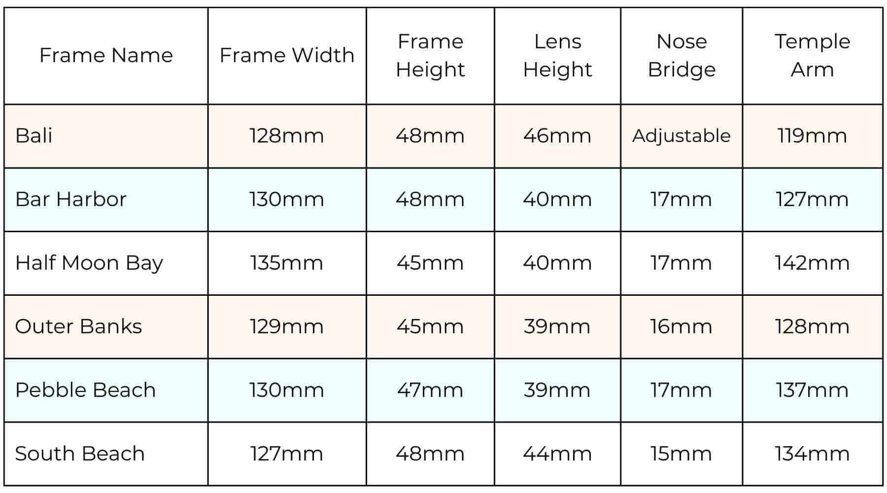 Size chart showing frame width, lens height, bridge width, and temple arm measurements for ello sunglasses designed for petite faces and small heads, including Bali, Bar Harbor, Half Moon Bay, Outer Banks, Pebble Beach, and South Beach frames.