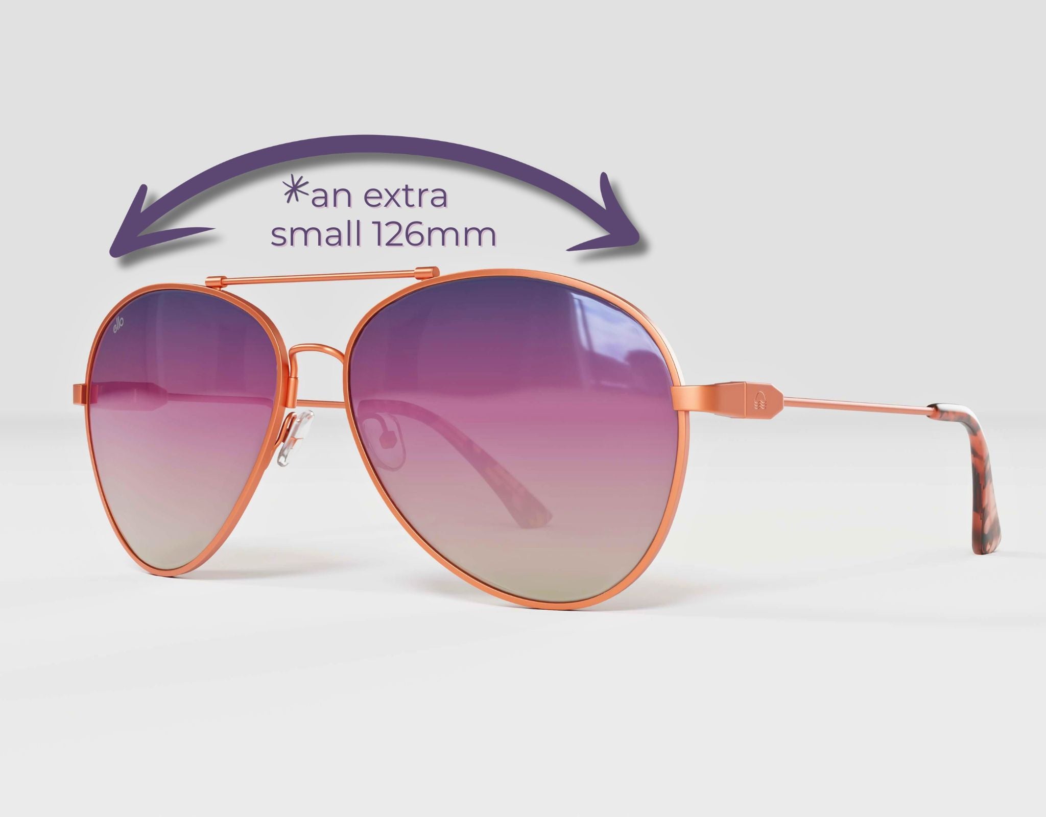 Bali Aviator gold frame with lavender lenses – arrow graphic showing extra small 126mm width