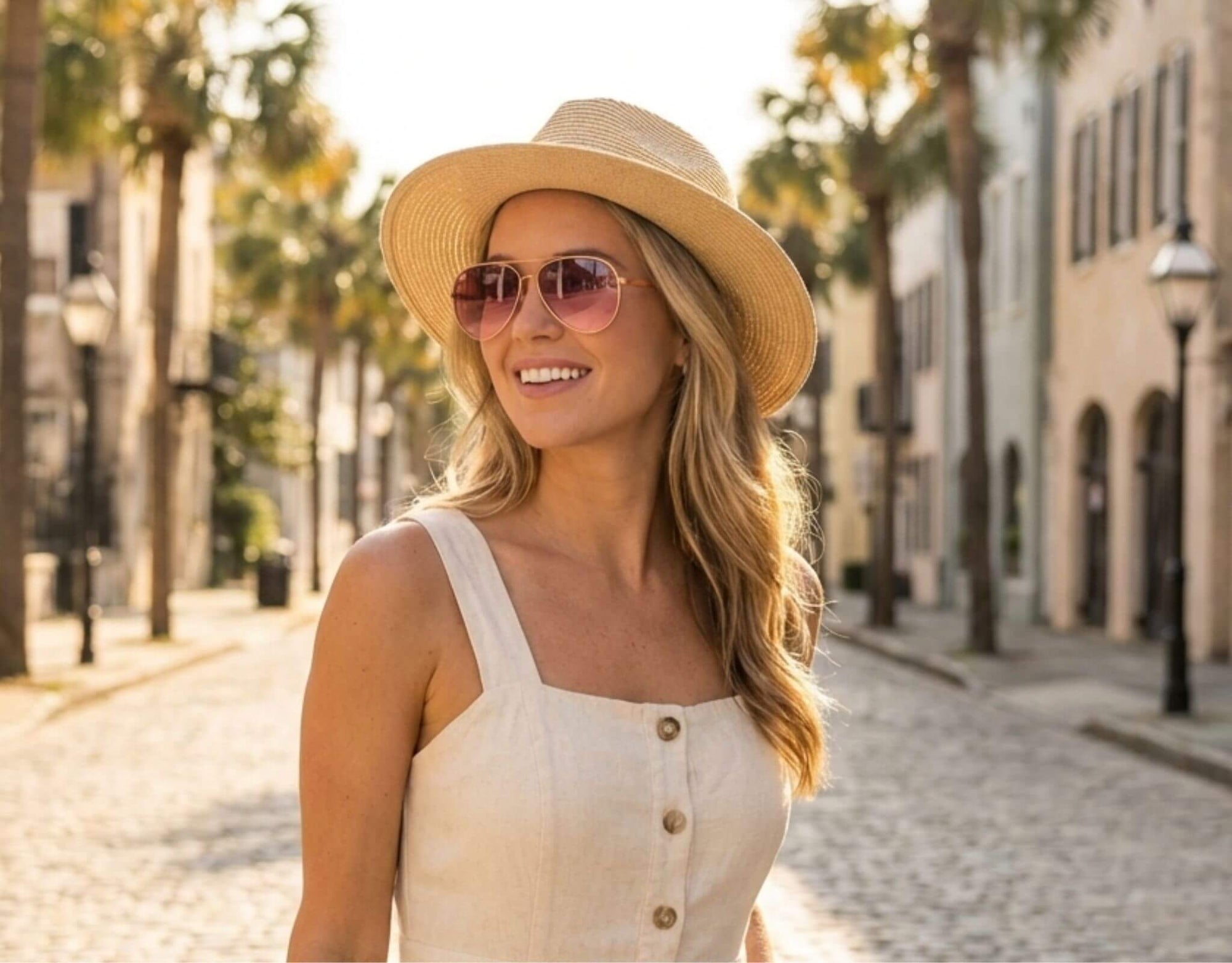 Small face sunglasses Bali aviator in gold frame with lavender lenses worn by woman walking on sunny street, designed for petite fit and small head by ello sunglasses