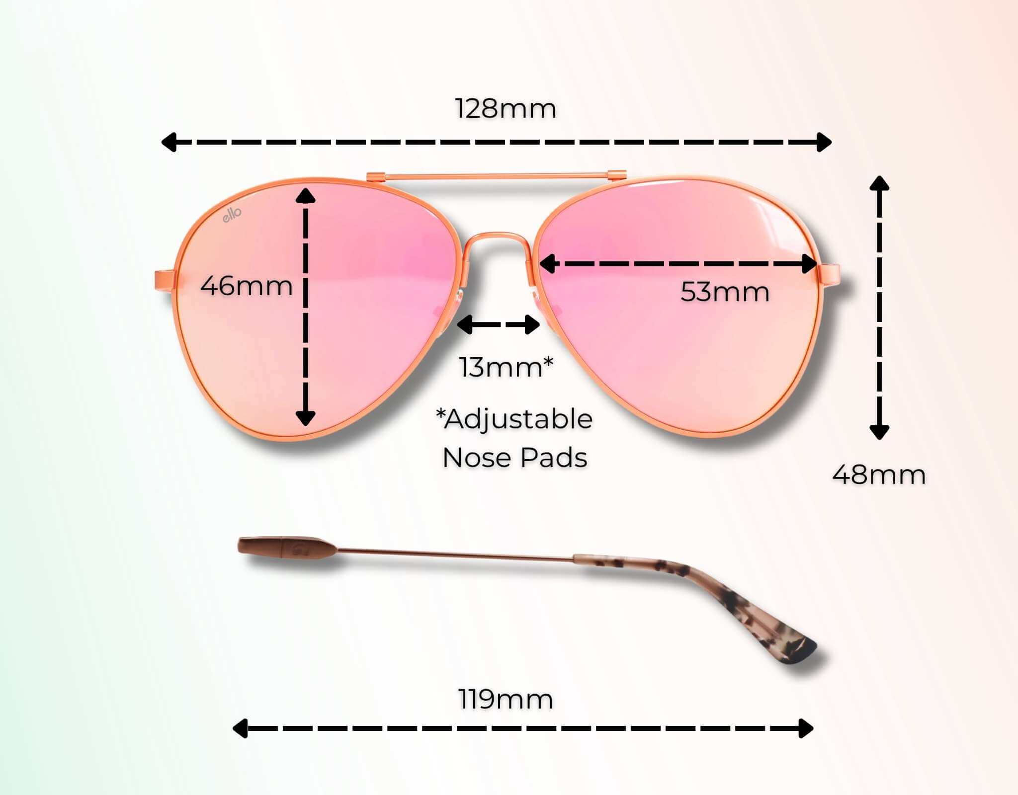 Bali small face sunglasses size guide showing frame width, lens width, lens height, adjustable nose pads, and temple length.