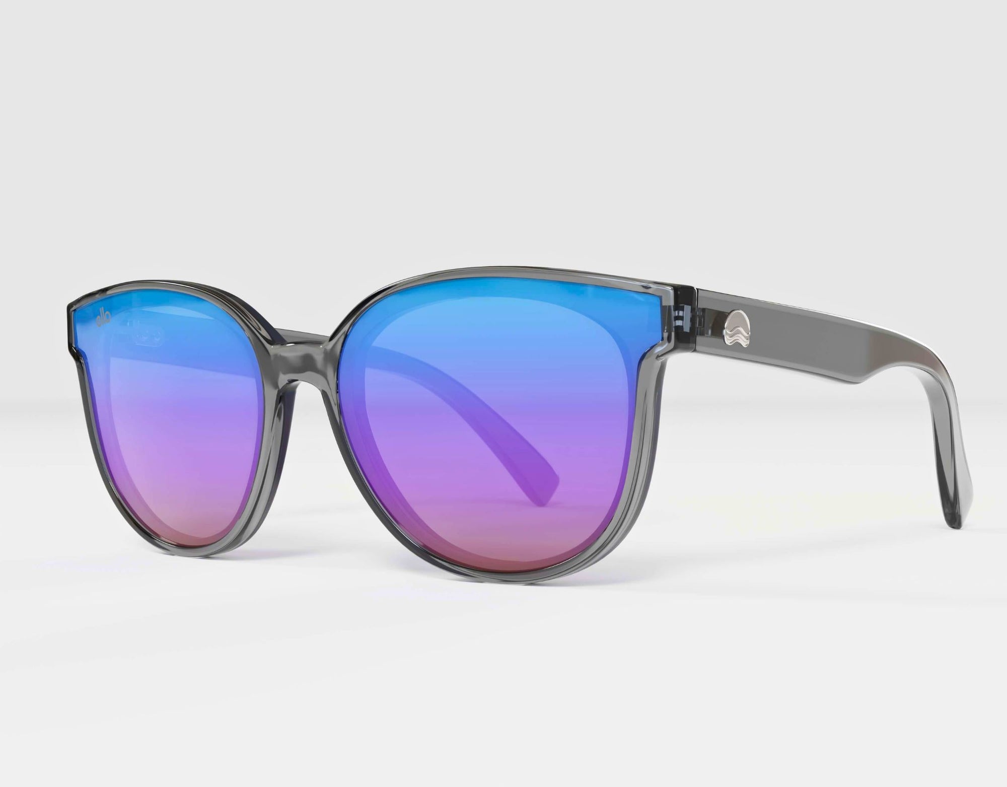 Left side view of South Beach sporty shades in matte grey with purple lenses, made for small faces.