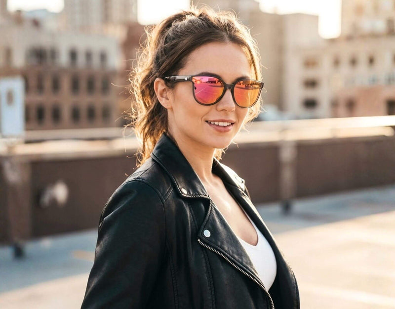Petite woman with a small head wearing grey South Beach shades for little faces on a sunlit city rooftop with a confident everyday lifestyle look