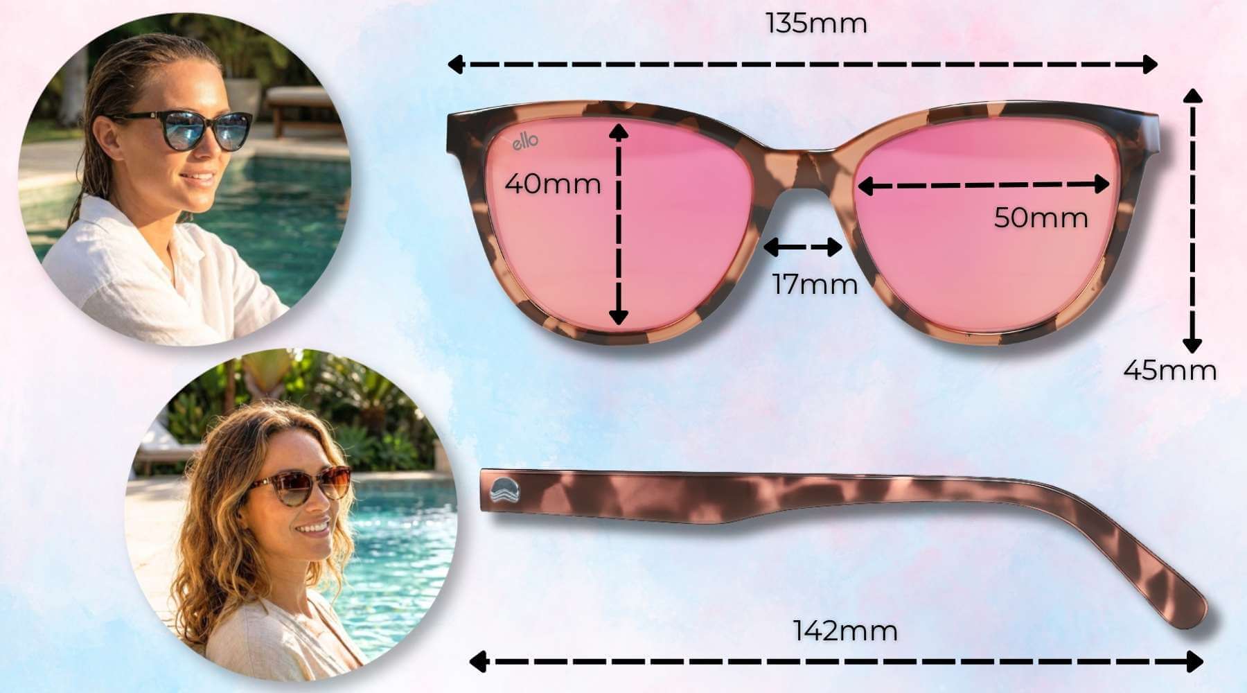 Half Moon Bay cat eye sunglasses for smaller face size guide showing frame width, lens width, lens height, bridge width, temple length, and photos of the sunglasses on petite faces.