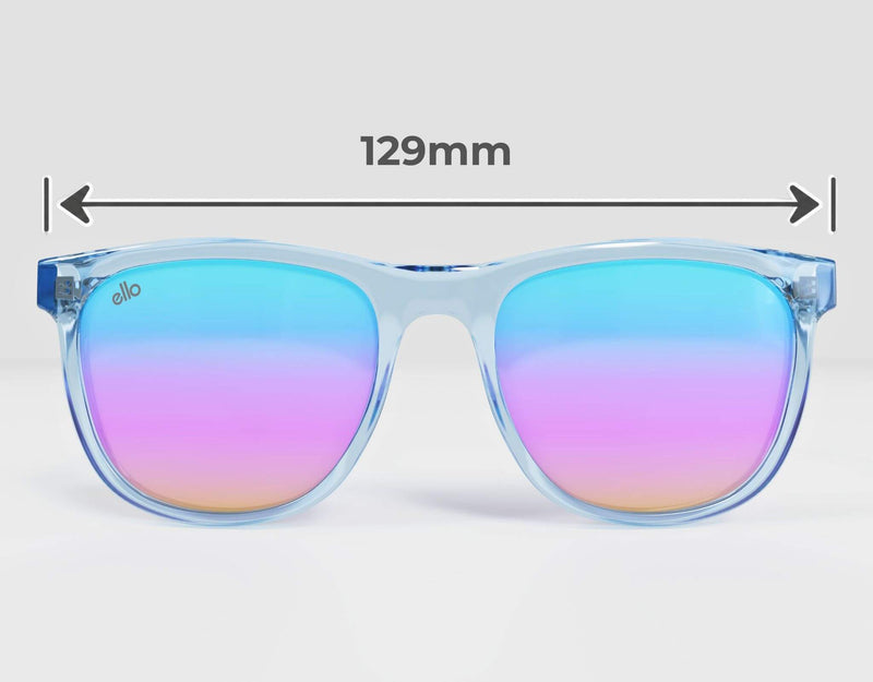 Front-facing view of ello Outer Banks sunglasses in Clear Light Blue with polarized rainbow mirrored lenses and measurement arrows showing the 129 mm overall frame width.