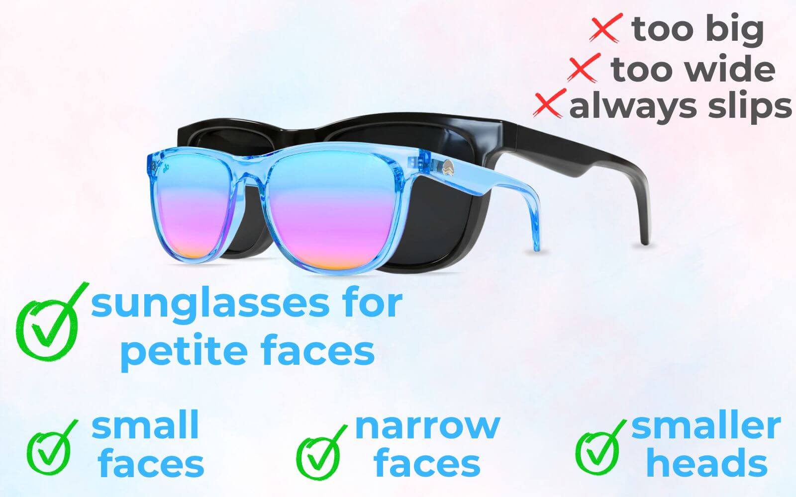 Sunglasses for small faces comparison by ello sunglasses highlighting lightweight TR90 frames built for a petite face and small head versus larger frames that do not stay in place