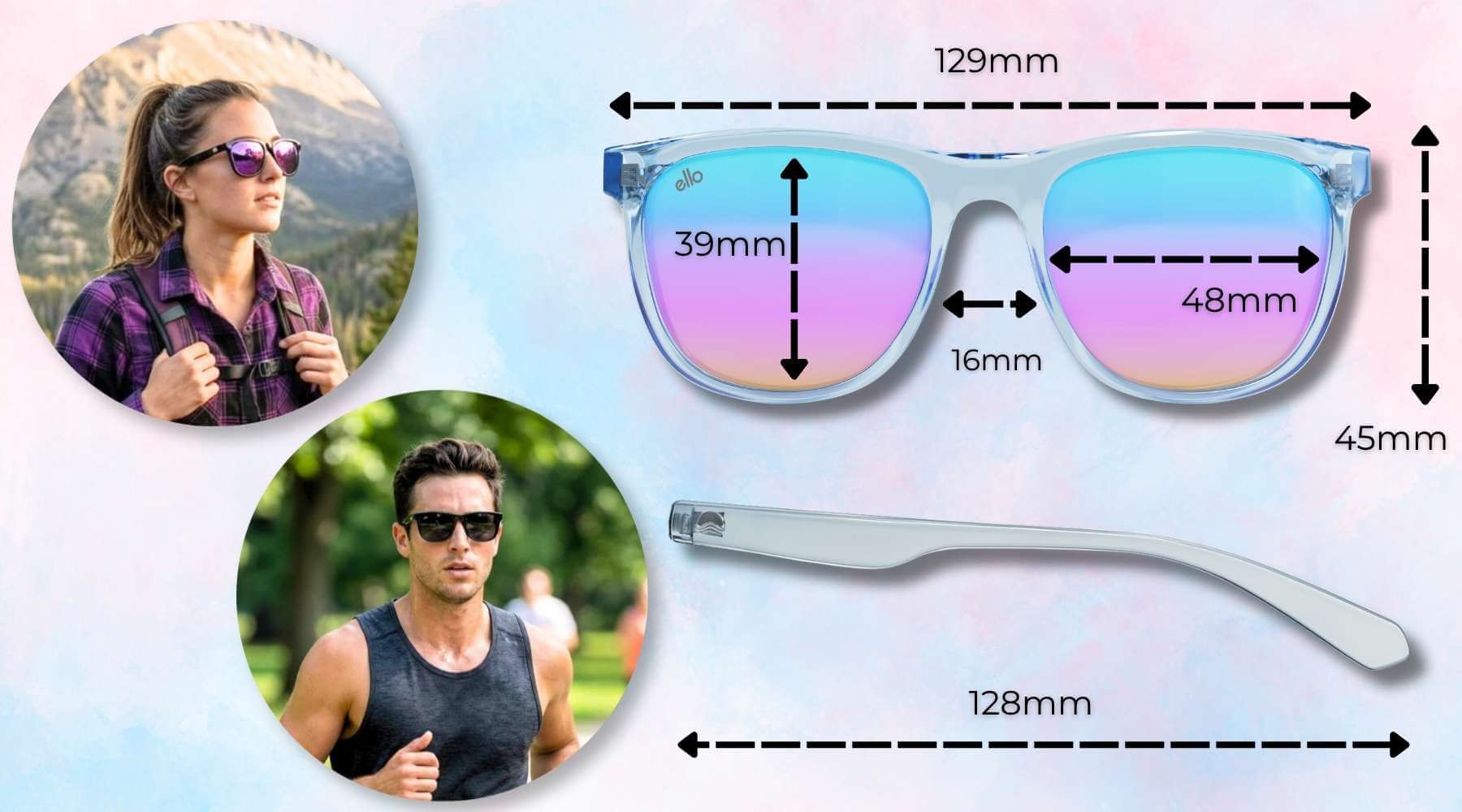 Outer Banks sunglasses for small faces size guide showing frame width, lens width, lens height, bridge width, temple length, and photos of the sunglasses on petite faces.