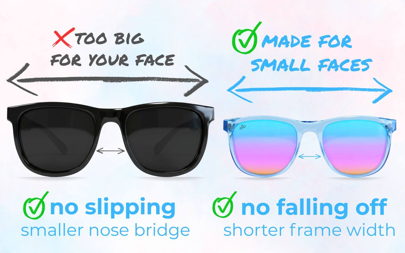 Sunglasses for small faces comparison by ello sunglasses showing larger frames that slip next to lightweight TR90 petite frames with shorter width and smaller bridge for stability