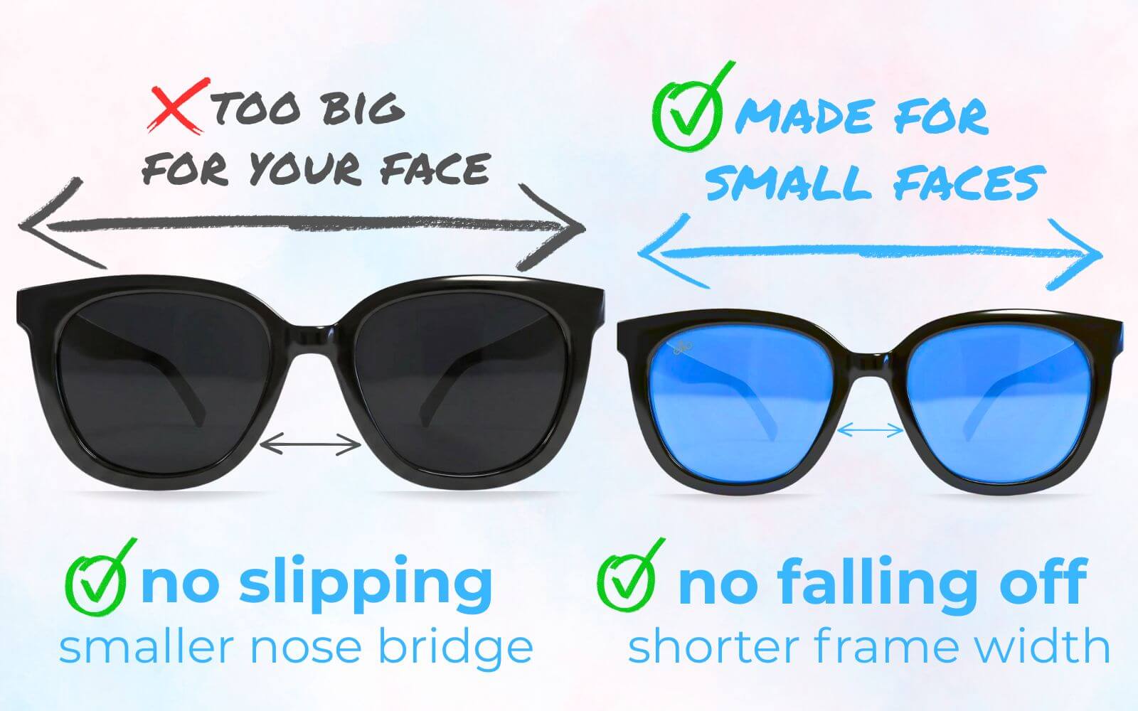 Sunglasses for little faces comparison by ello sunglasses showing oversized frames that feel too big beside petite frames with balanced width and smaller bridge that stay secure