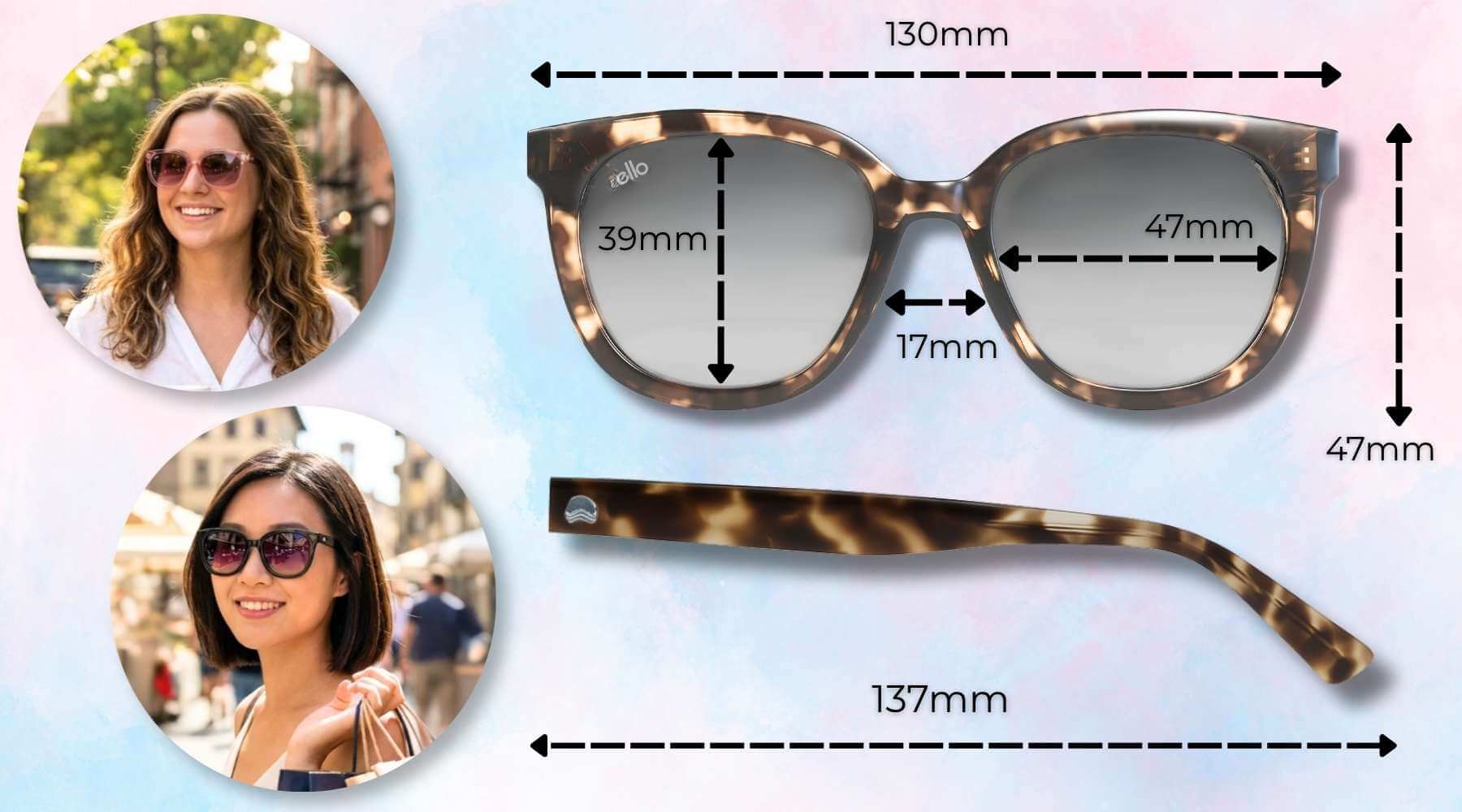 Pebble Beach sunglasses for little faces size guide showing frame width, lens width, lens height, bridge width, temple length, and photos of the sunglasses on petite faces.