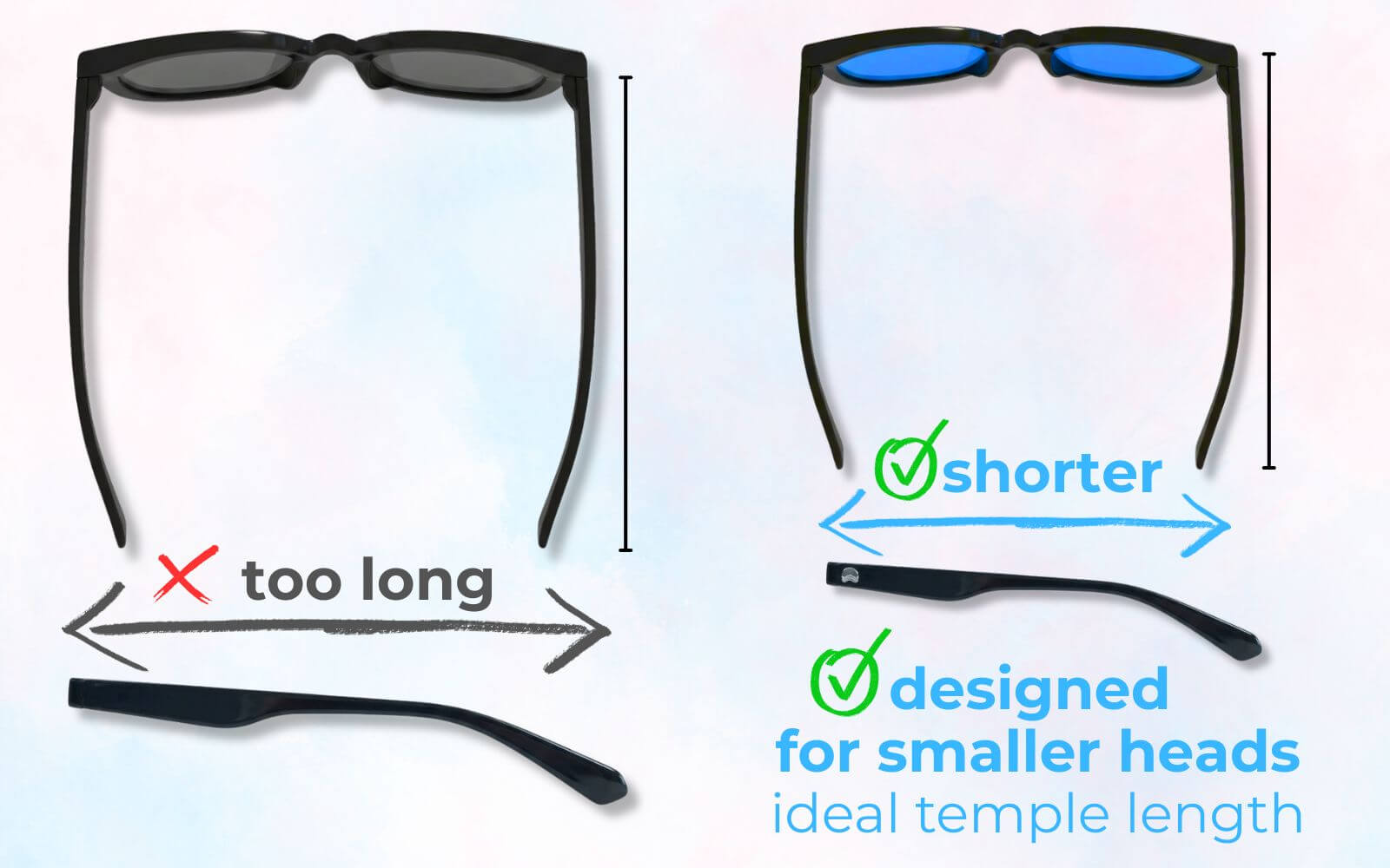 Sunglasses for little faces comparison by ello sunglasses showing oversized arms that extend too far beside shorter temple length designed for smaller heads and all day comfort
