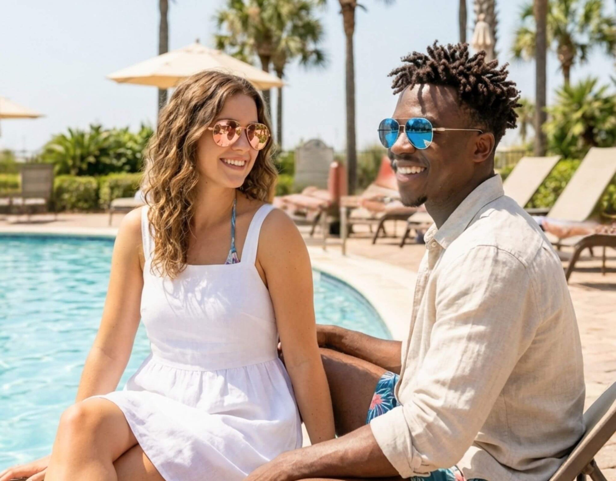 Sunglasses for petite faces worn by couple with small head proportions relaxing by a sunny pool, showcasing stylish lightweight ello sunglasses in a social outdoor setting