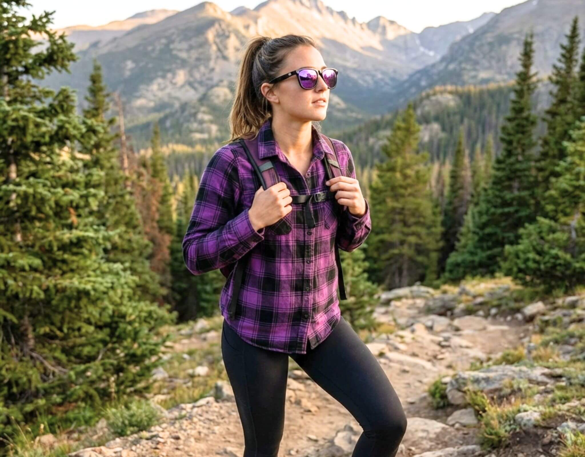 Sunglasses for petite faces worn by woman with small head hiking in the mountains, featuring lightweight TR90 ello sunglasses built for outdoor adventure