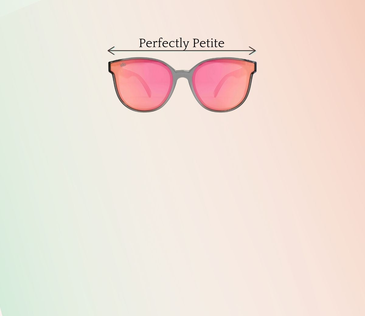 Pink lens sunglasses with a petite frame designed for small faces, shown with “Perfectly Petite” sizing on a soft gradient background.