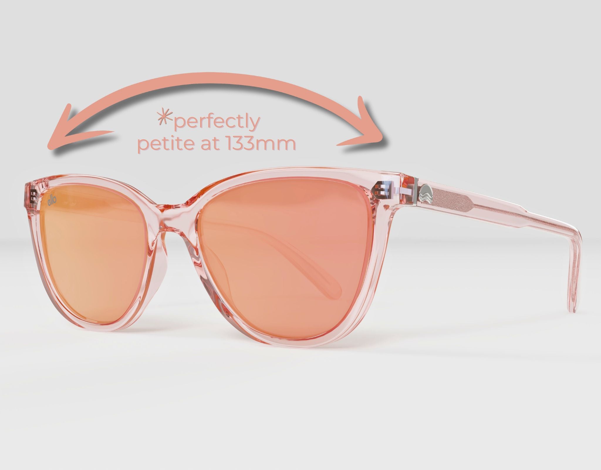 Half Moon Bay pink frame with peach lenses – sizing image showing petite 133mm frame
