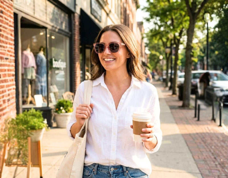 Petite woman with a small head wearing pink Pebble Beach sunglasses for little faces walking through a sunlit city street holding coffee in a relaxed lifestyle setting