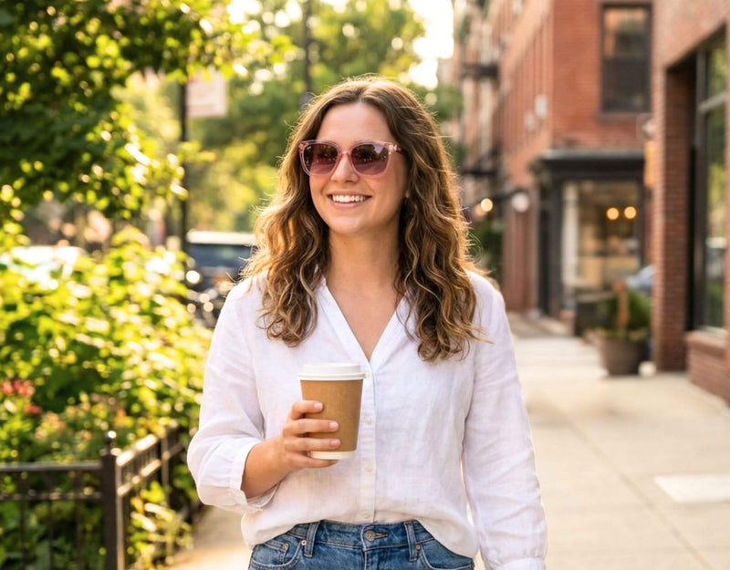 Sunglasses for little faces Pebble Beach in pink frame with lavender lenses worn by a woman with a petite face and small head walking a sunny city street with coffee in hand with ello sunglasses