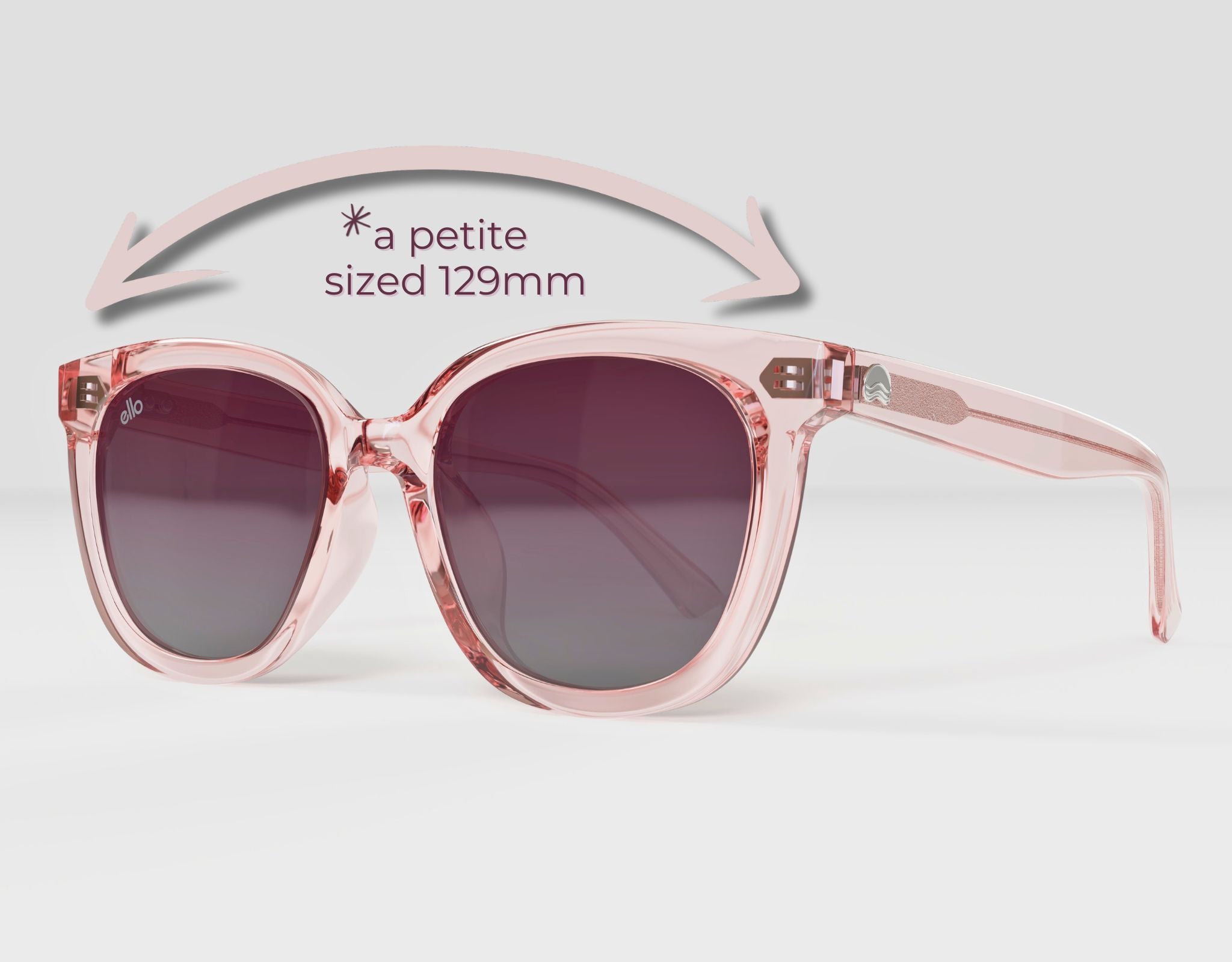 Pebble Beach pink frame with plum lenses – arrow graphic showing petite-sized 129mm width