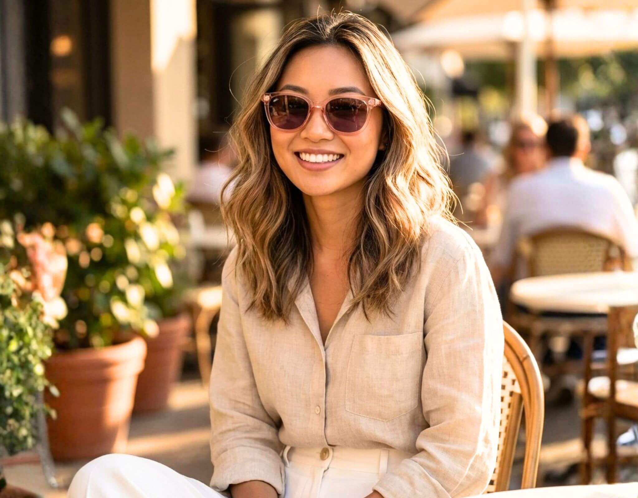 Woman wearing Pebble Beach sunglasses for little faces in pink plum with a petite face and small head sitting at a sunlit outdoor café with a relaxed lifestyle setting