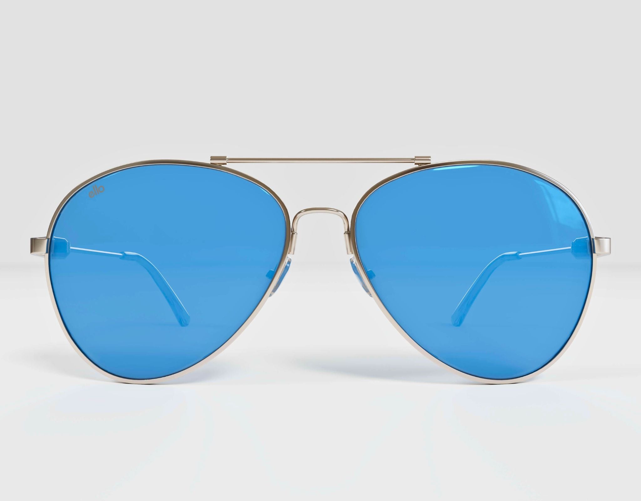 Front view of silver and blue Bali aviator sunglasses designed for small face proportions.