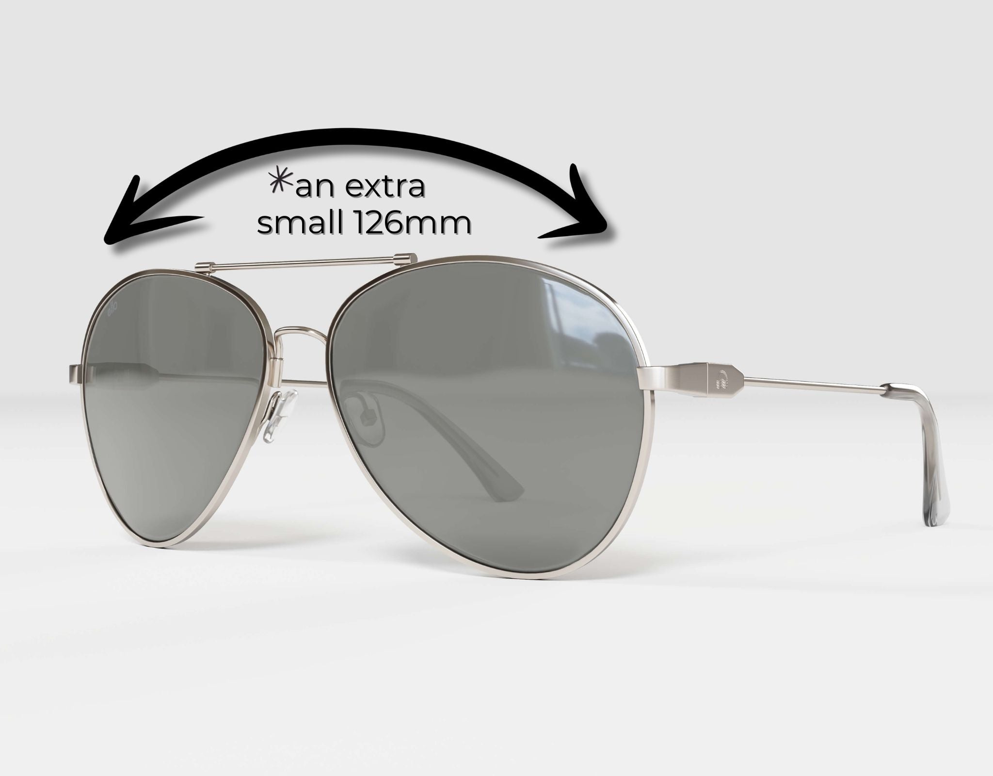 Bali Aviator silver frame with grey lenses – extra small 126mm sizing with arrow reference