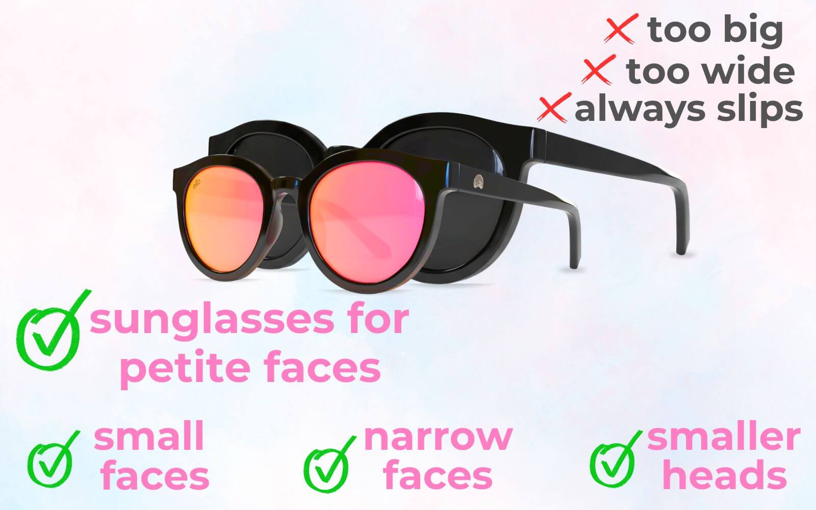 Small sunglasses for small faces featuring ello Bar Harbor round frames compared to oversized styles, highlighting proper fit for petite faces and small head proportions